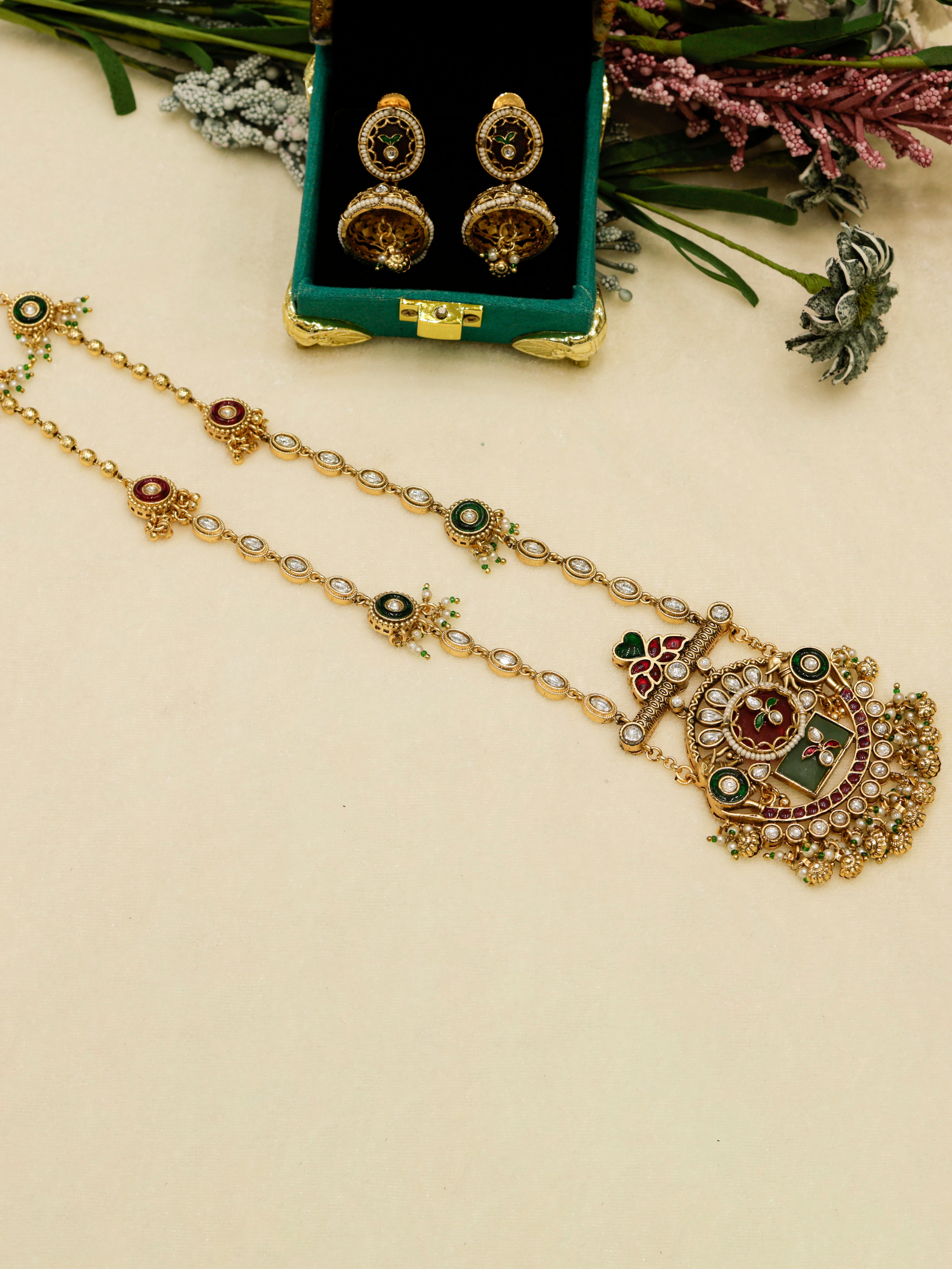 Aanura Long Temple Necklace Set with Green & Red Stones
