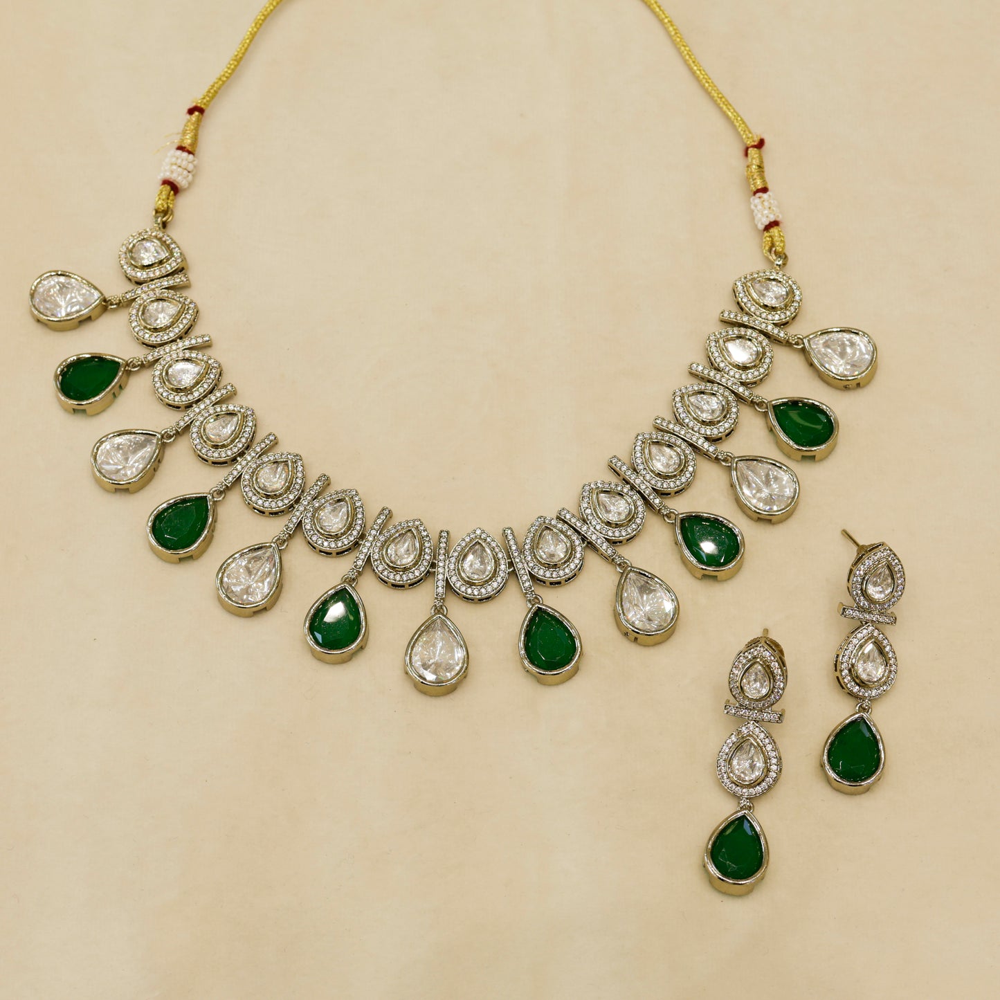 Aanura Teardrop Kundan Necklace with Dual-Tone Drops & Earrings
