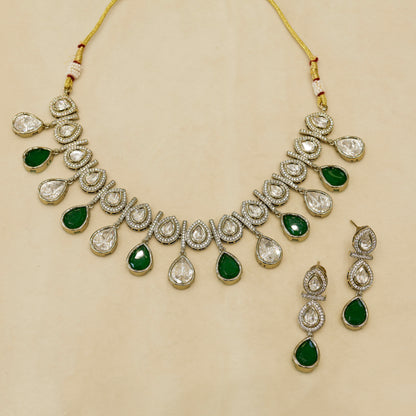 Aanura Teardrop Kundan Necklace with Dual-Tone Drops & Earrings
