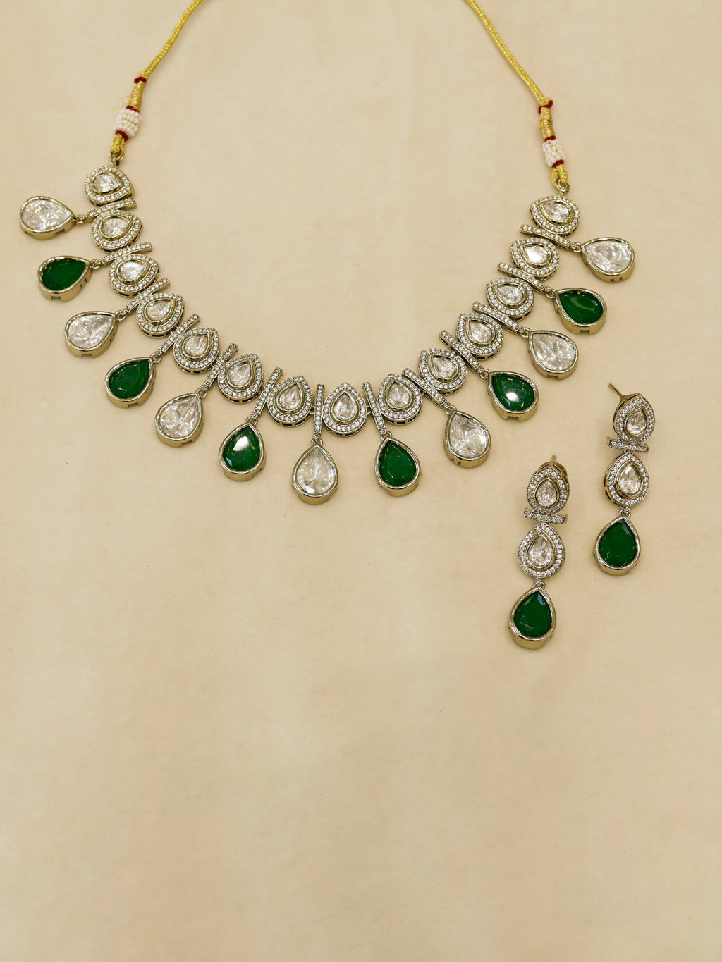 Aanura Teardrop Kundan Necklace with Dual-Tone Drops & Earrings