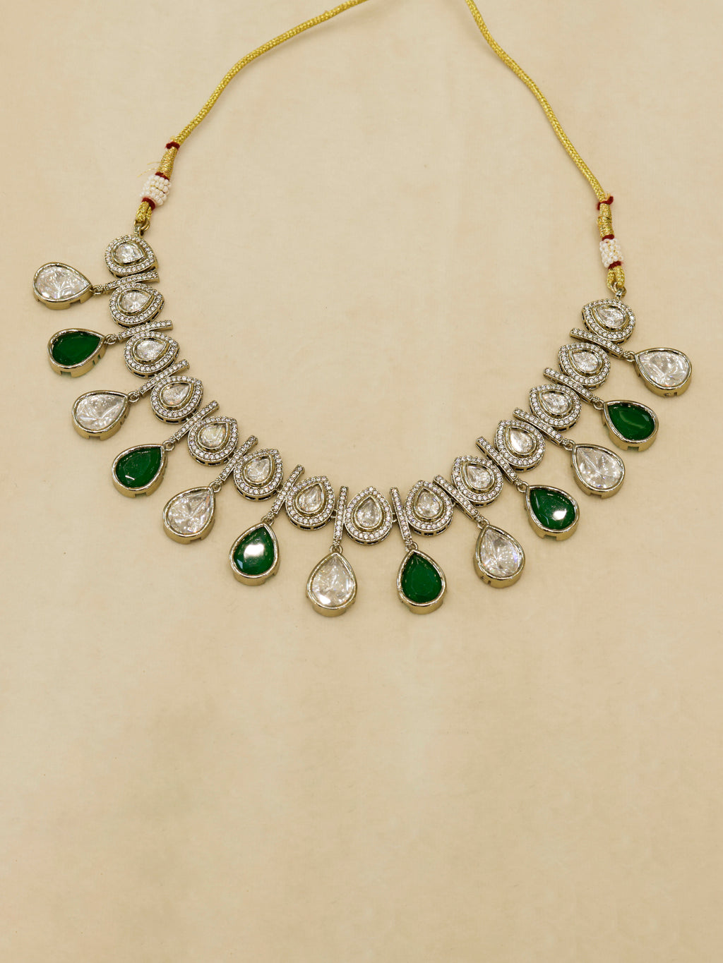 Aanura Teardrop Kundan Necklace with Dual-Tone Drops & Earrings