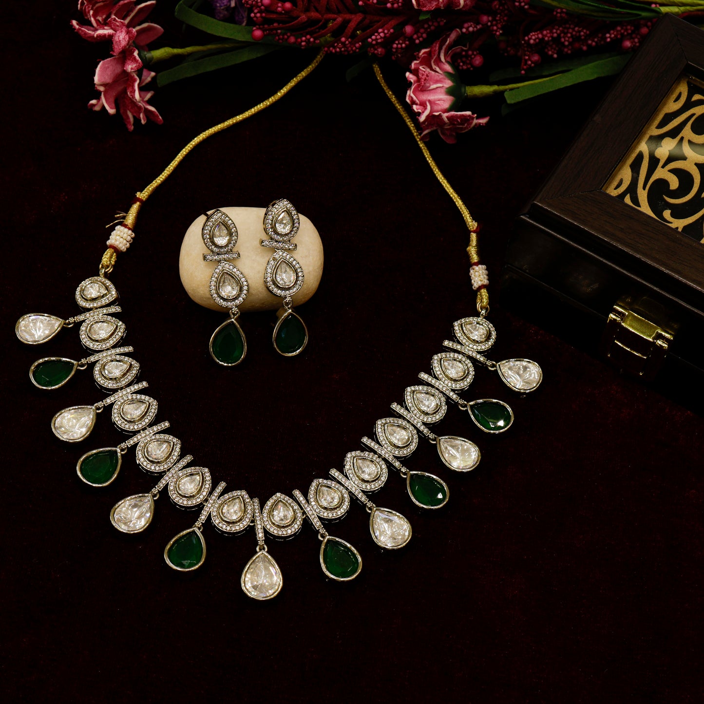 Aanura Teardrop Kundan Necklace with Dual-Tone Drops & Earrings