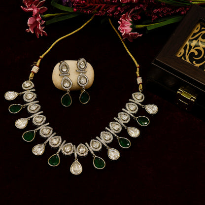 Aanura Teardrop Kundan Necklace with Dual-Tone Drops & Earrings