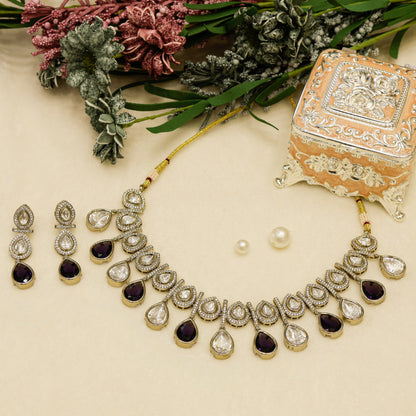 Aanura Teardrop Kundan Necklace with Dual-Tone Drops & Earrings