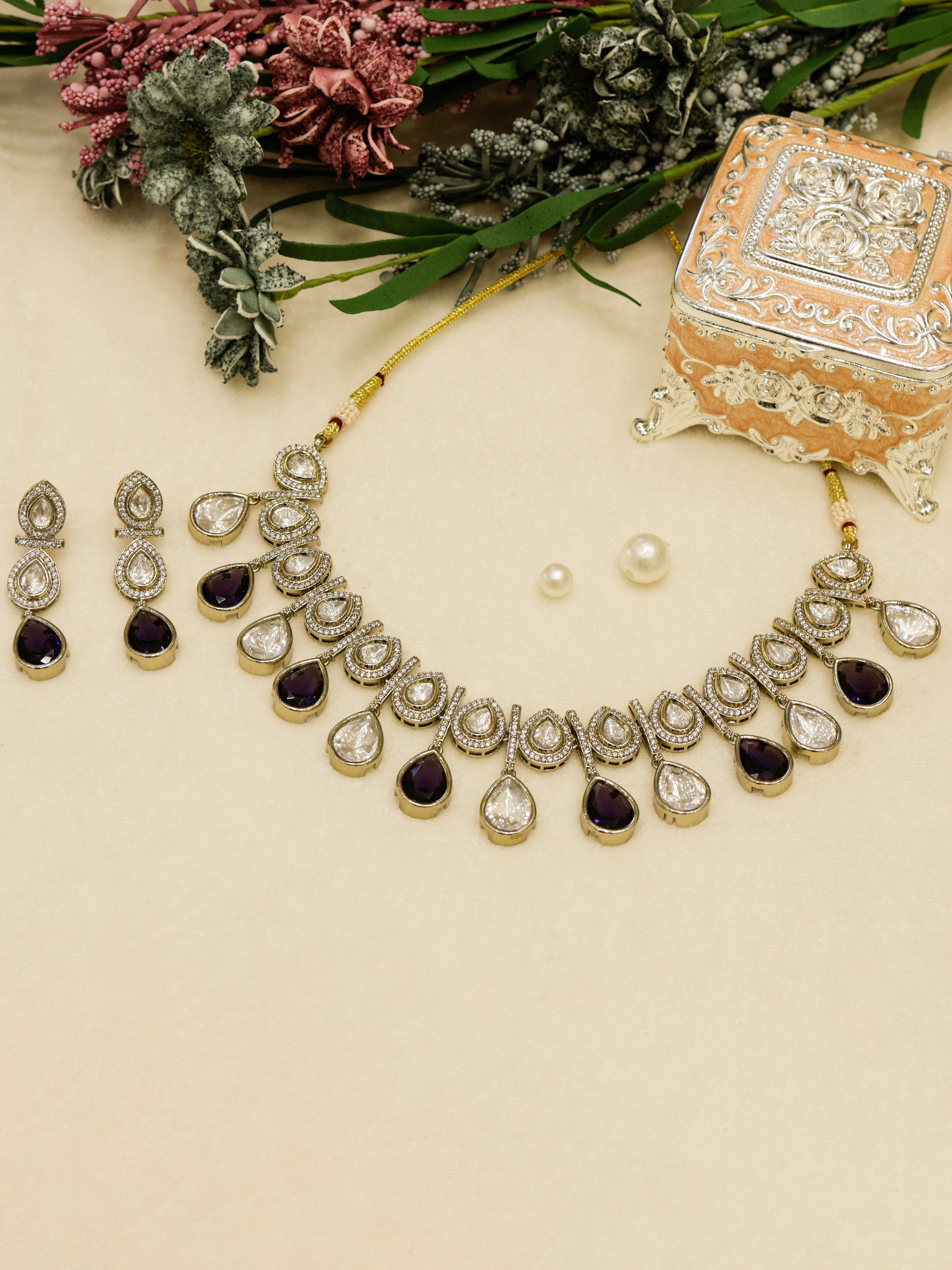 Aanura Teardrop Kundan Necklace with Dual-Tone Drops & Earrings