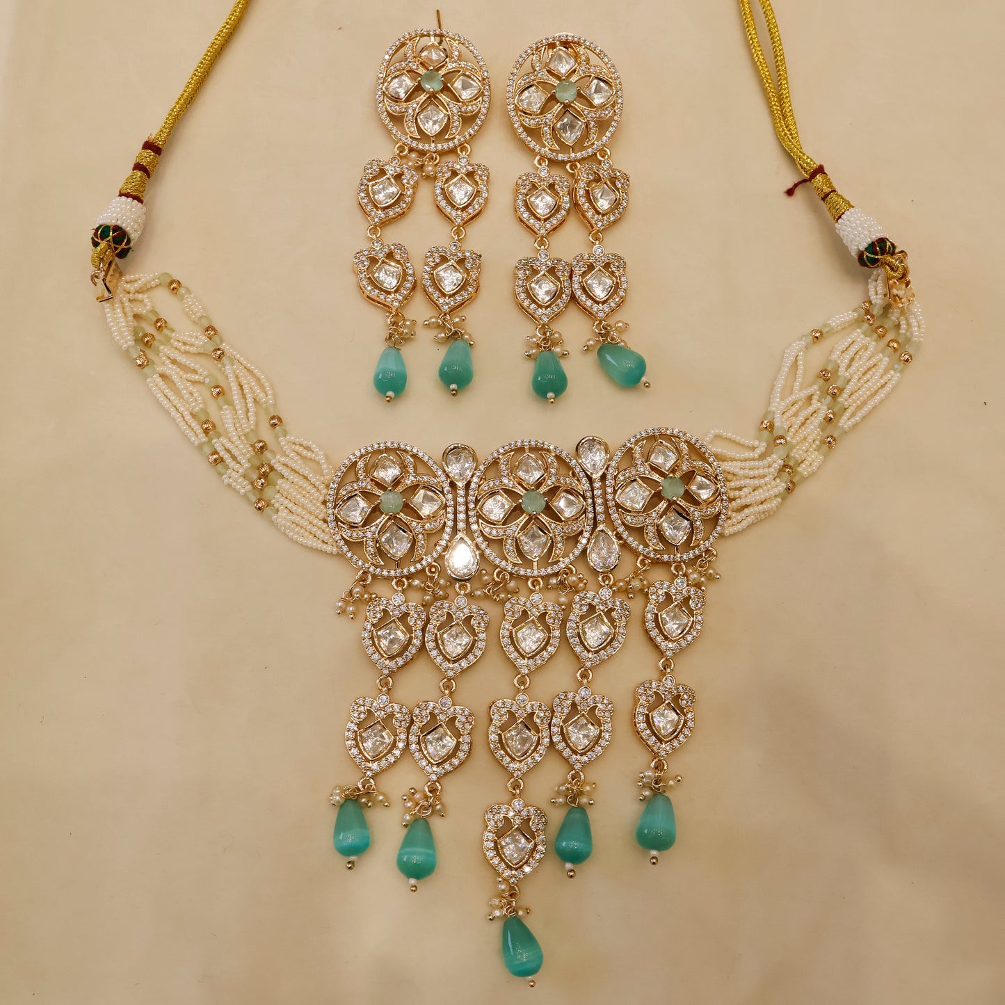 Aanura Green Drop Kundan Choker Necklace & Earrings