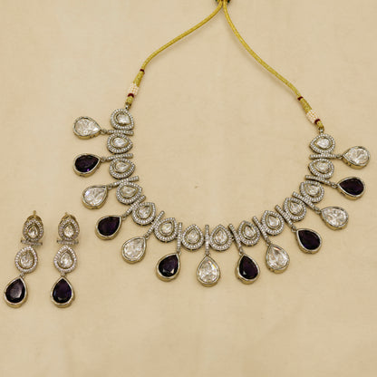 Aanura Teardrop Kundan Necklace with Dual-Tone Drops & Earrings