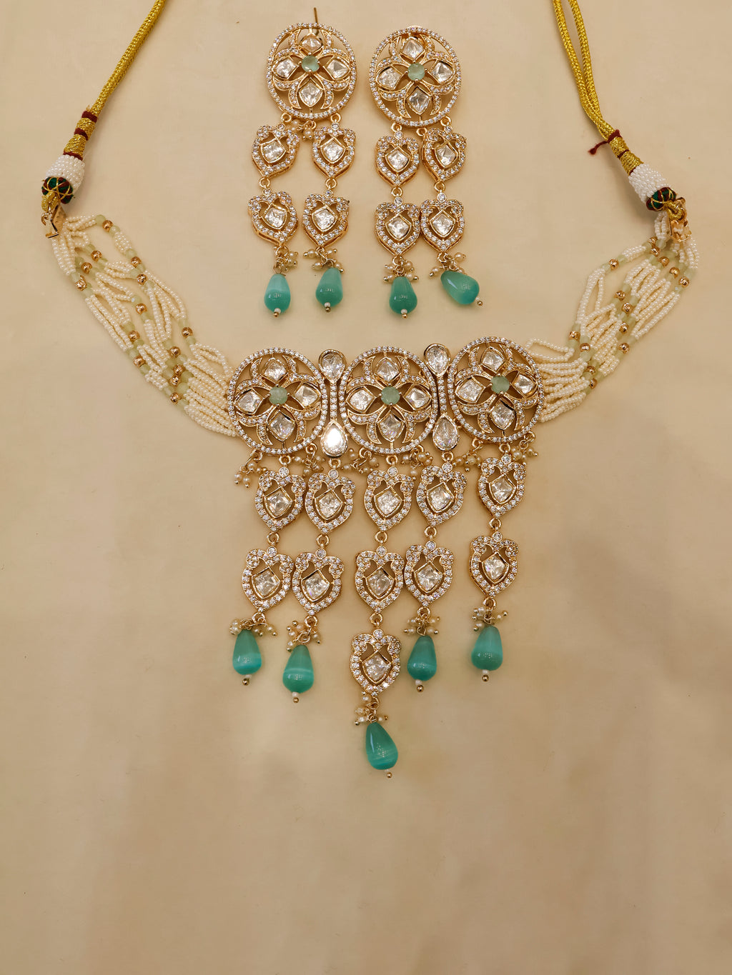 Aanura Green Drop Kundan Choker Necklace & Earrings