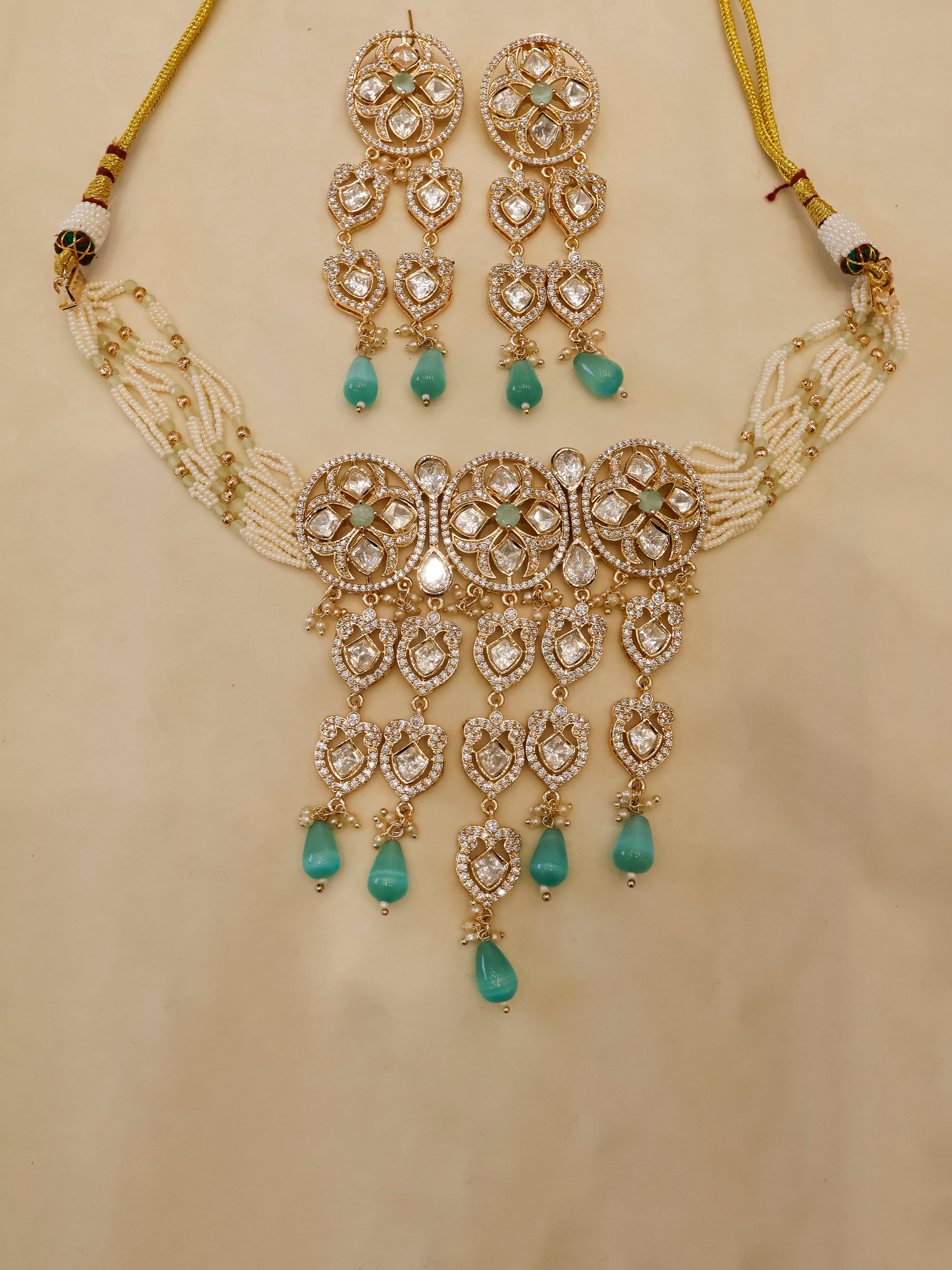 Aanura Green Drop Kundan Choker Necklace & Earrings