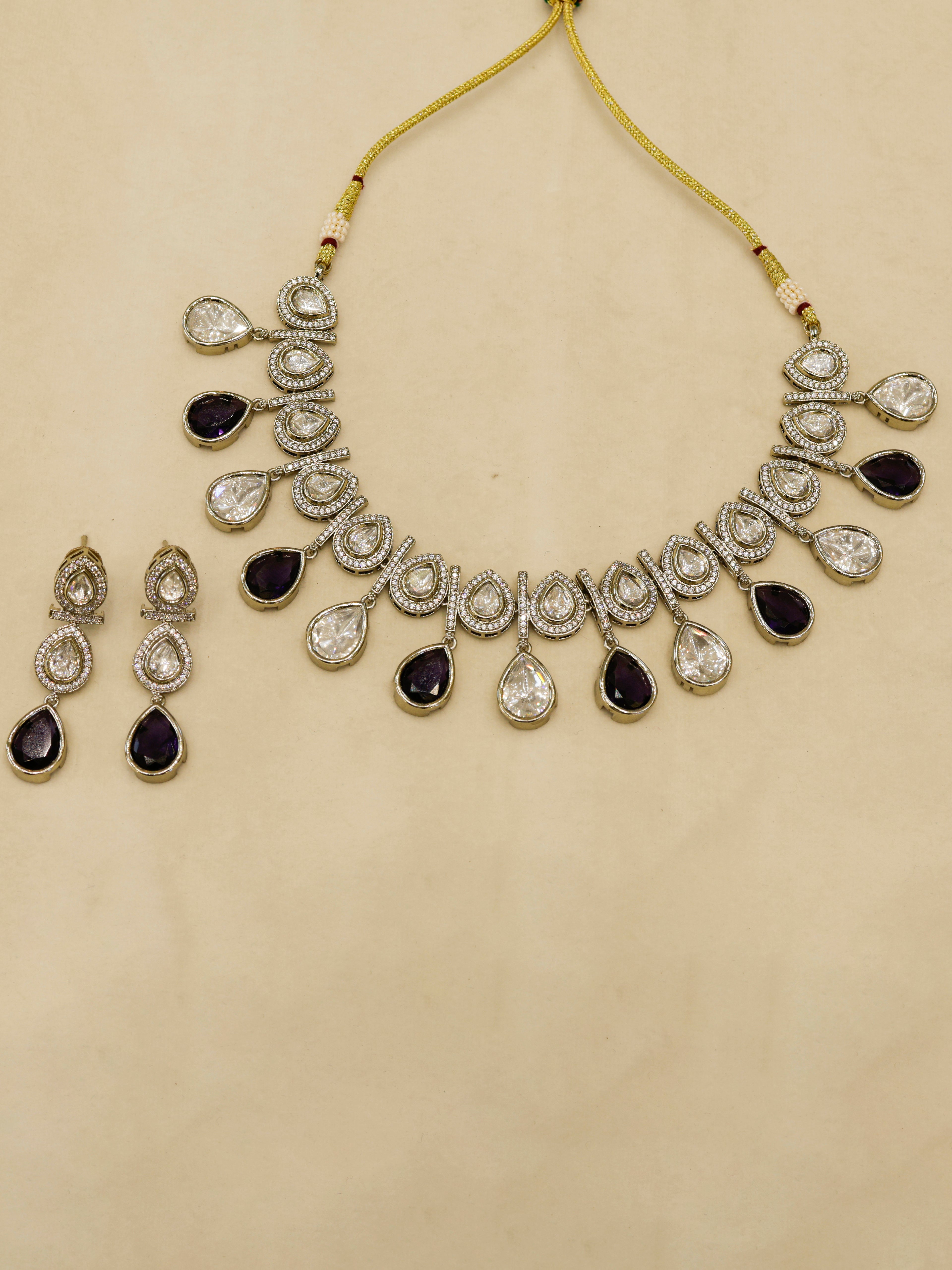 Aanura Teardrop Kundan Necklace with Dual-Tone Drops & Earrings