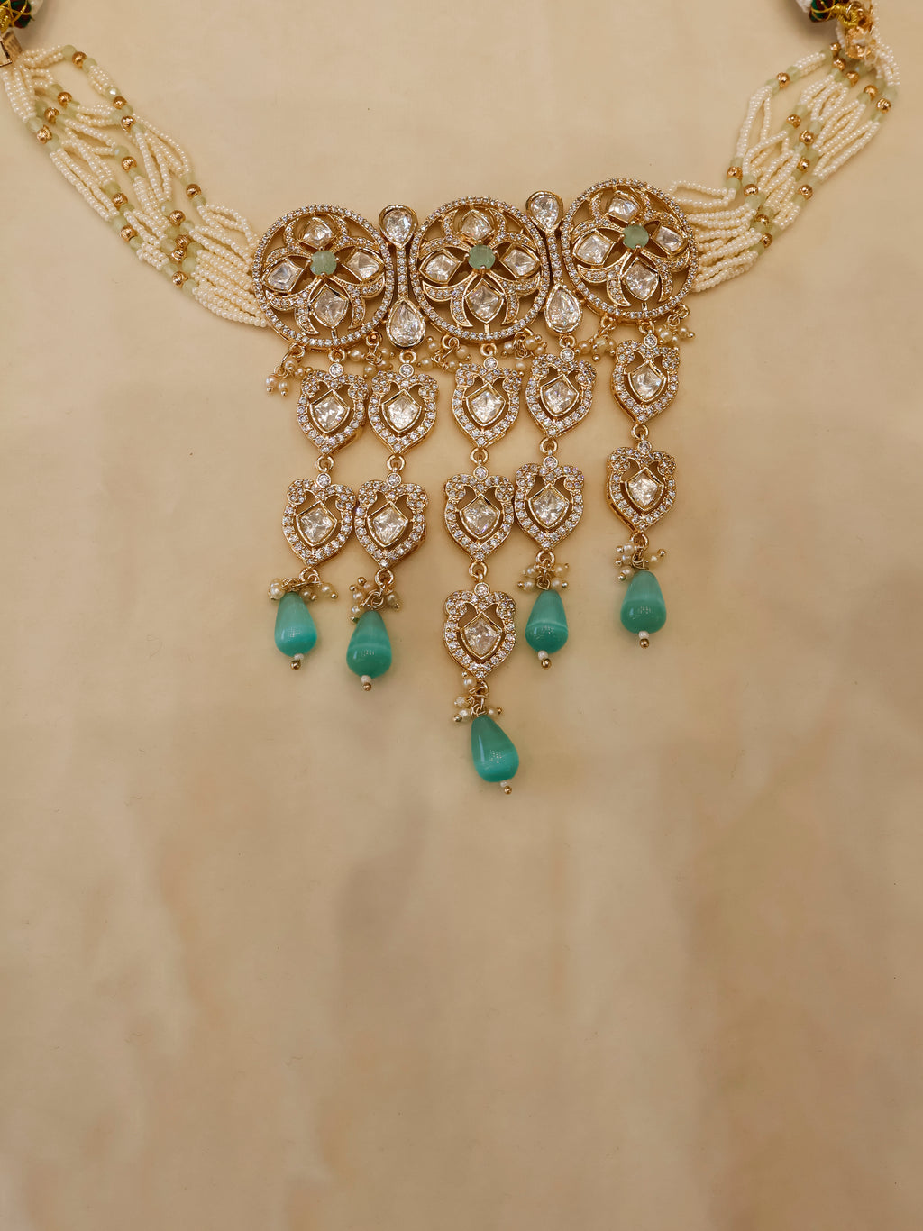 Aanura Green Drop Kundan Choker Necklace & Earrings