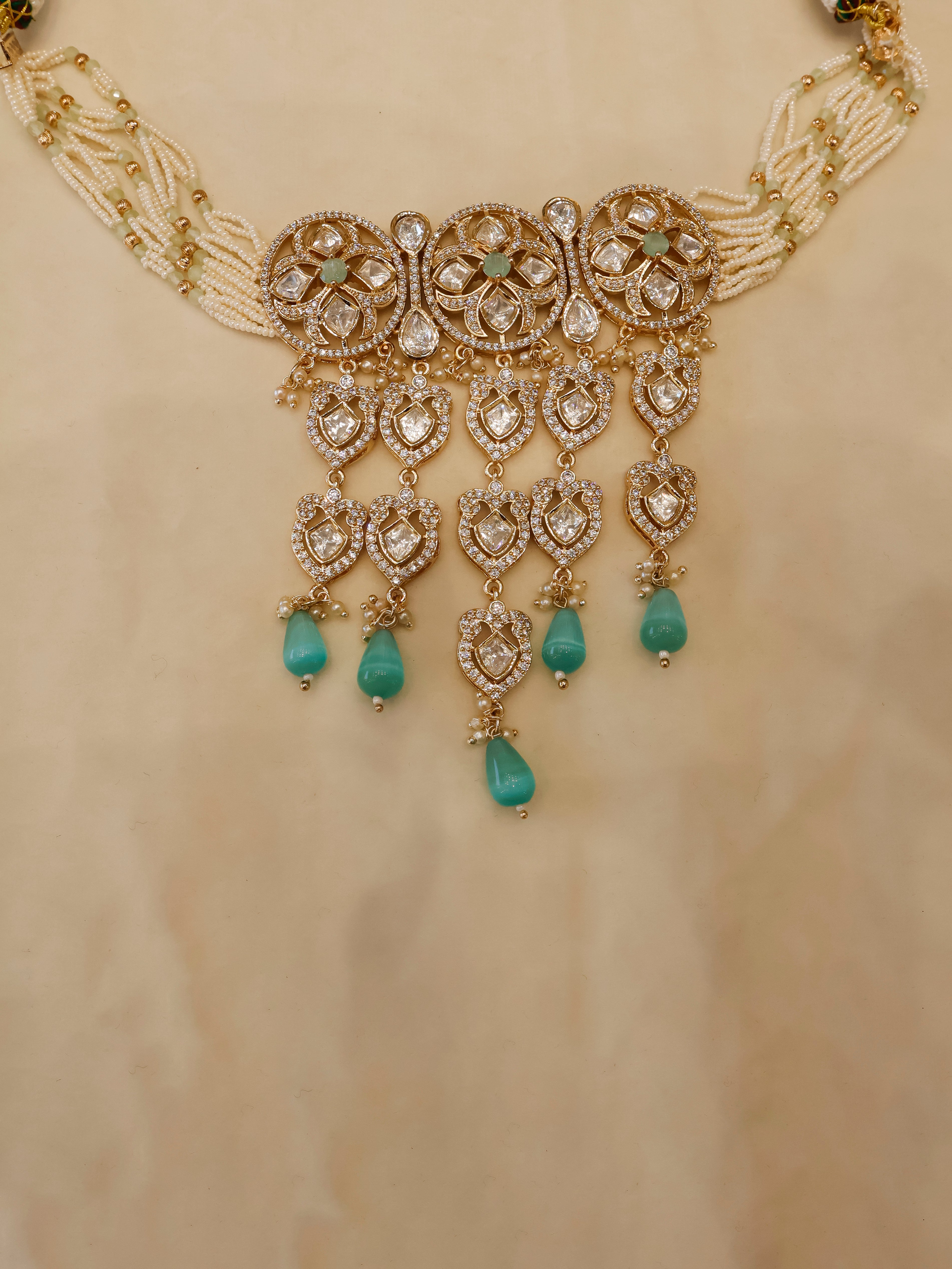 Aanura Green Drop Kundan Choker Necklace & Earrings