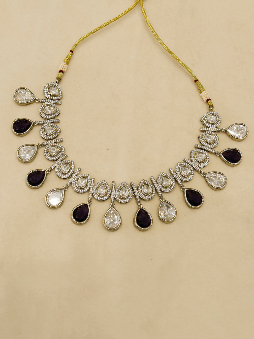 Aanura Teardrop Kundan Necklace with Dual-Tone Drops & Earrings