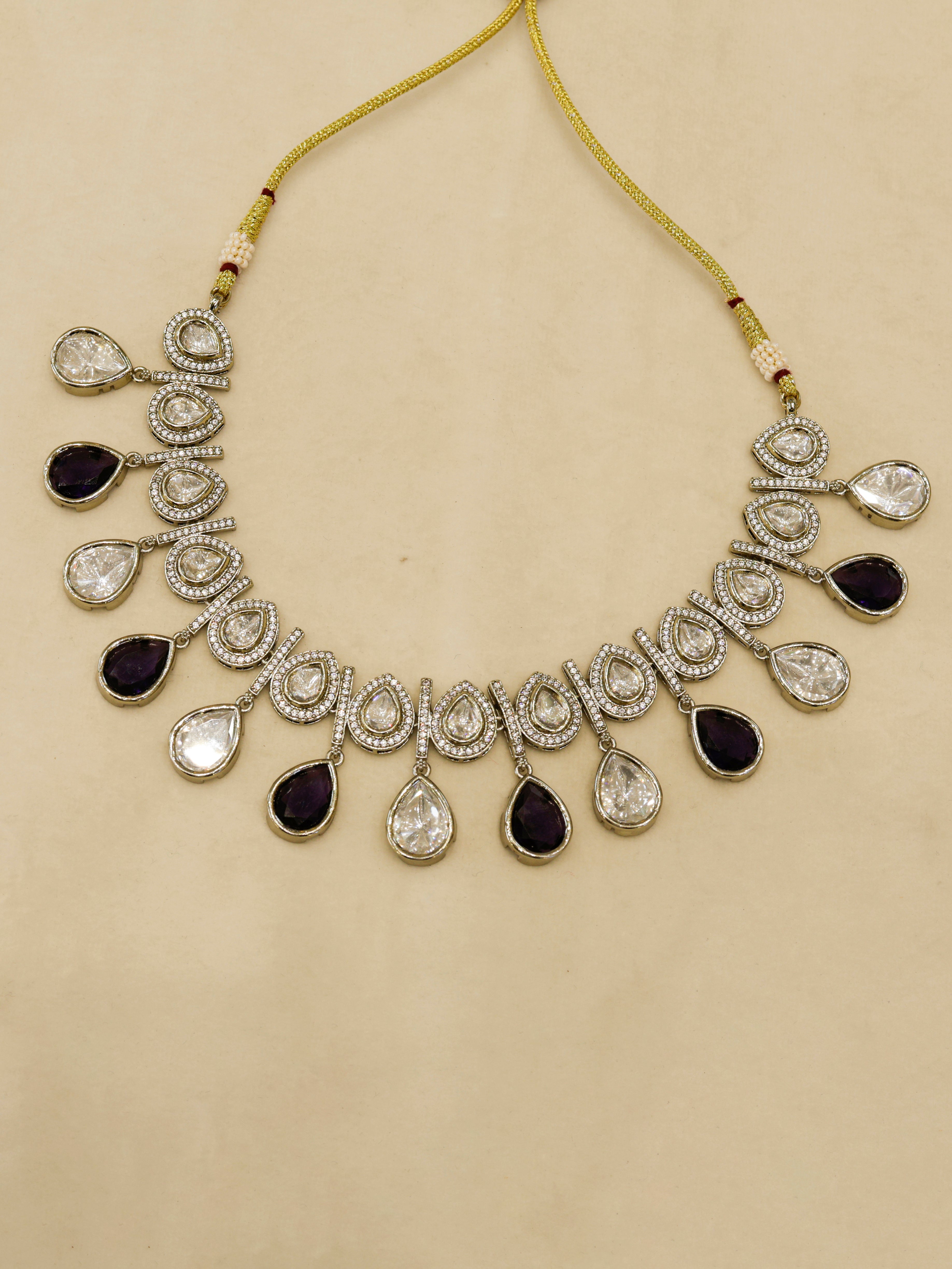 Aanura Teardrop Kundan Necklace with Dual-Tone Drops & Earrings
