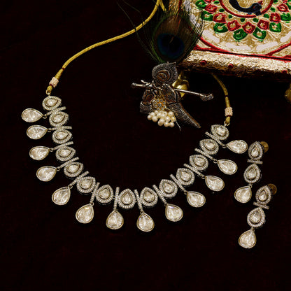 Aanura Teardrop Kundan Necklace with Dual-Tone Drops & Earrings