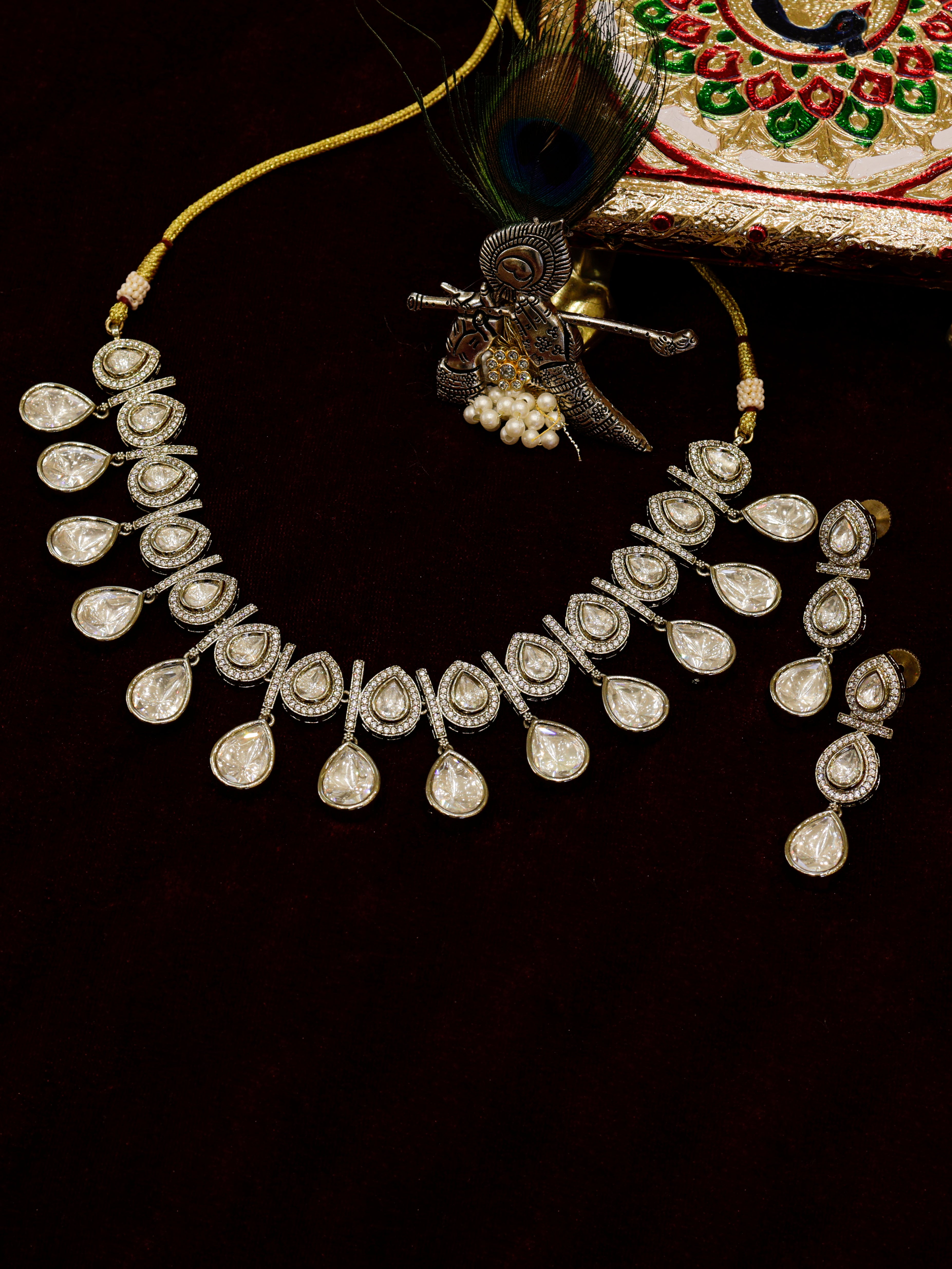 Aanura Teardrop Kundan Necklace with Dual-Tone Drops & Earrings