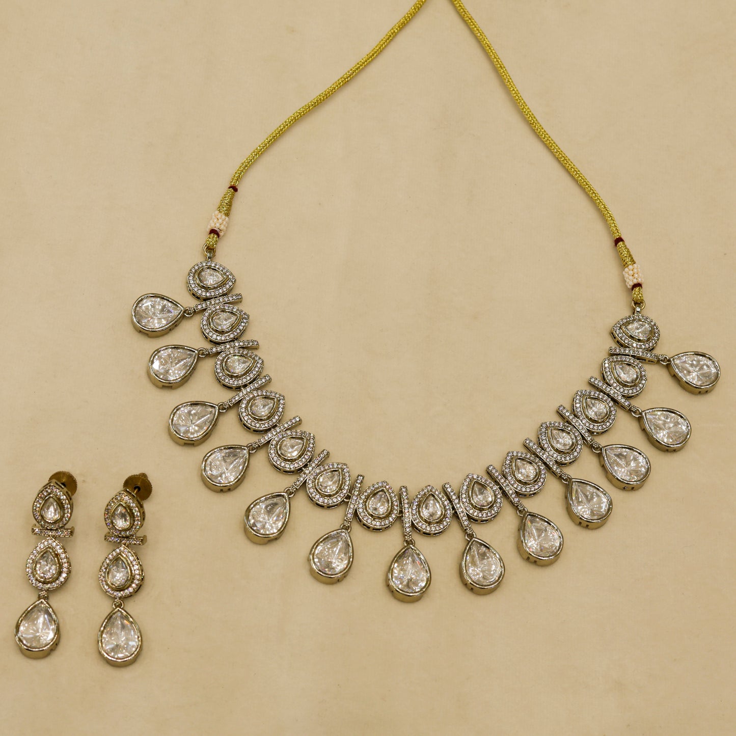 Aanura Teardrop Kundan Necklace with Dual-Tone Drops & Earrings