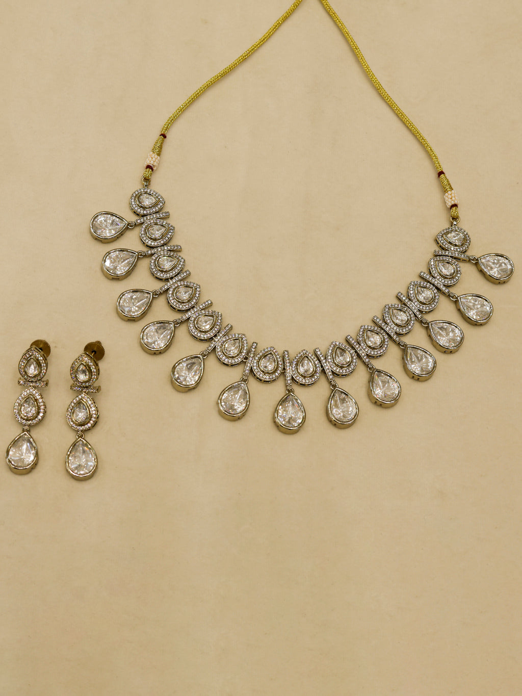Aanura Teardrop Kundan Necklace with Dual-Tone Drops & Earrings