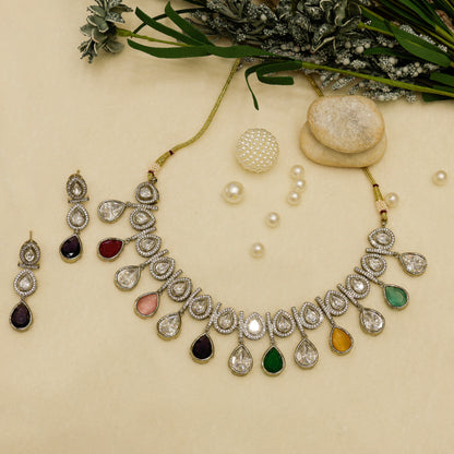 Aanura Teardrop Kundan Necklace with Dual-Tone Drops & Earrings