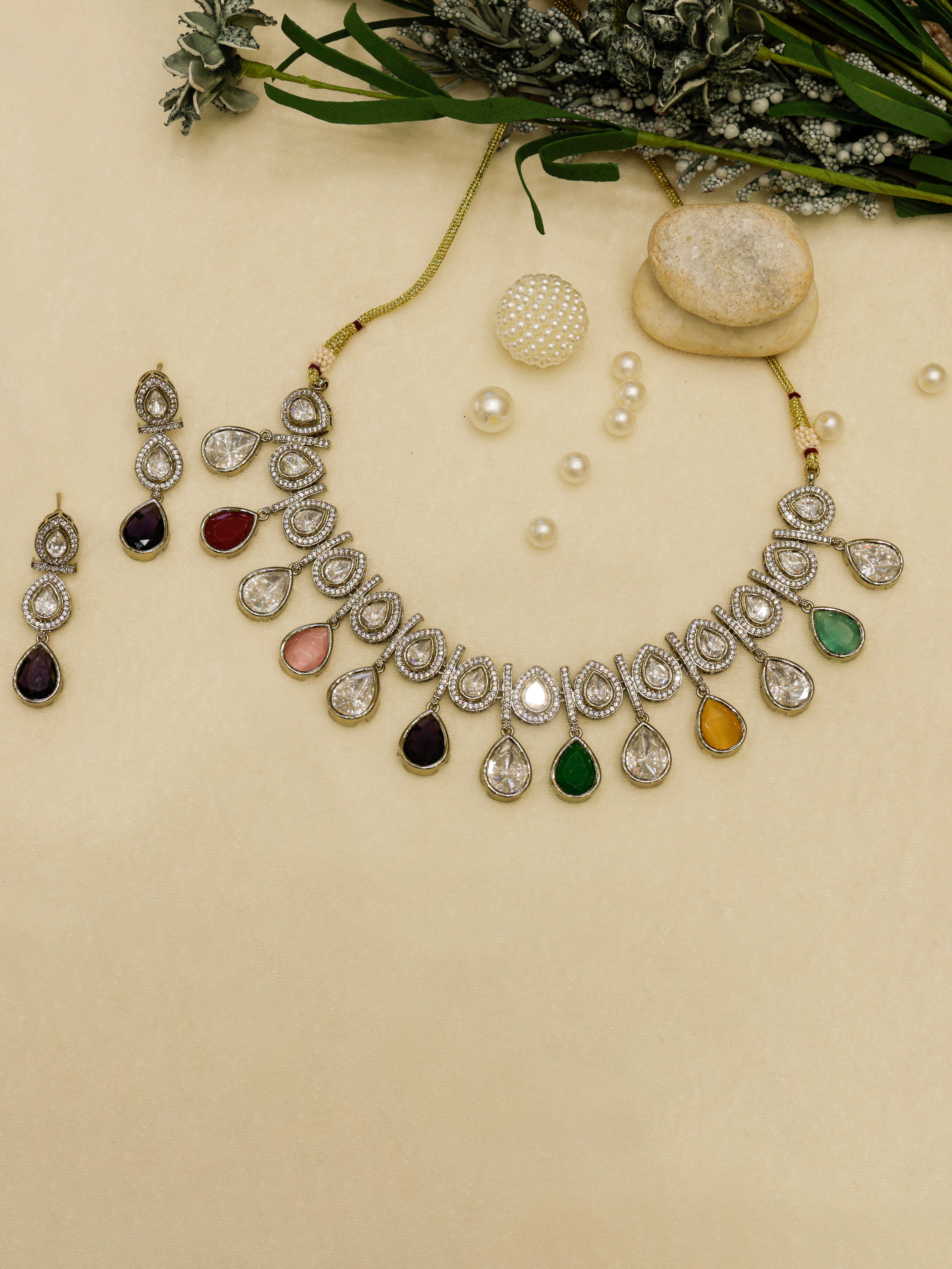 Aanura Teardrop Kundan Necklace with Dual-Tone Drops & Earrings