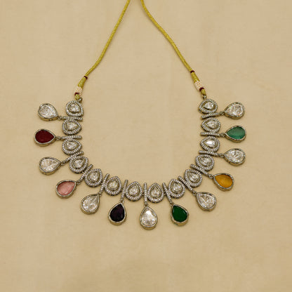 Aanura Teardrop Kundan Necklace with Dual-Tone Drops & Earrings