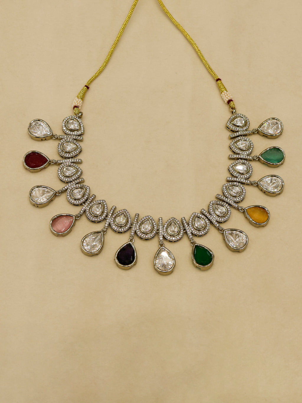 Aanura Teardrop Kundan Necklace with Dual-Tone Drops & Earrings