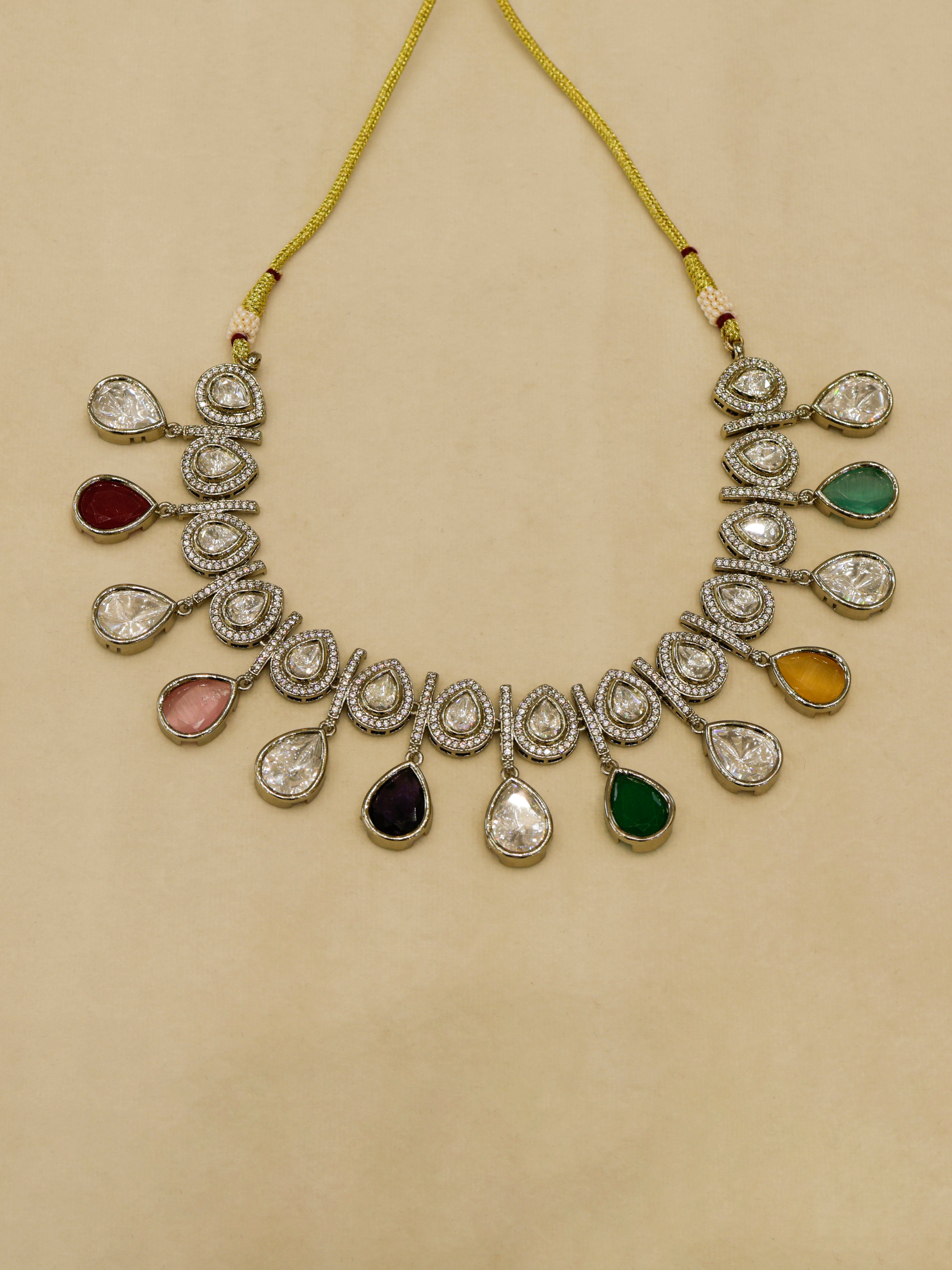 Aanura Teardrop Kundan Necklace with Dual-Tone Drops & Earrings