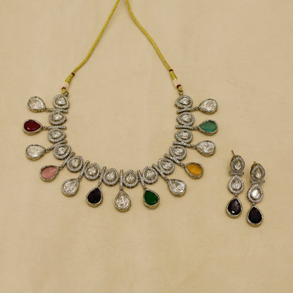 Aanura Teardrop Kundan Necklace with Dual-Tone Drops & Earrings