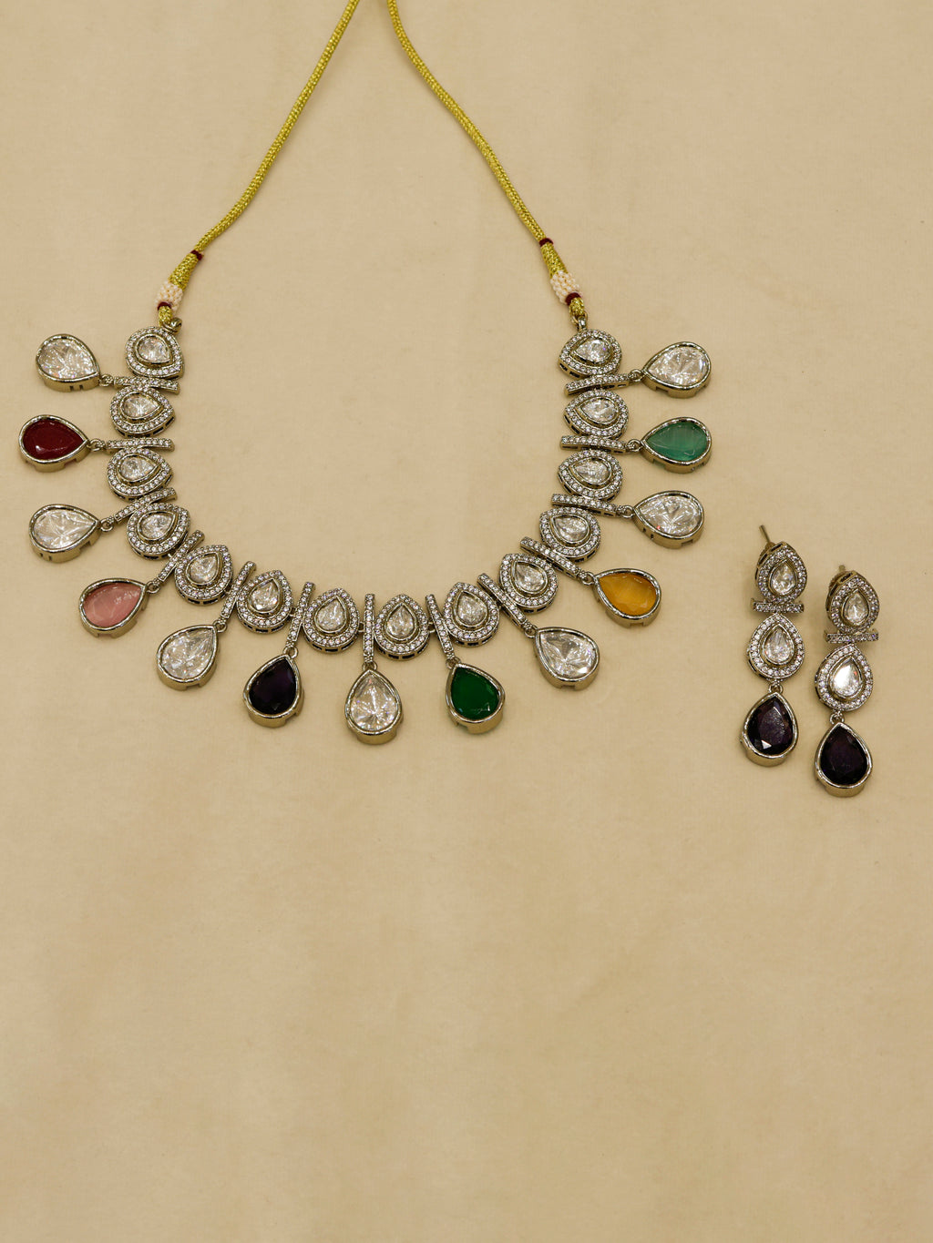 Aanura Teardrop Kundan Necklace with Dual-Tone Drops & Earrings