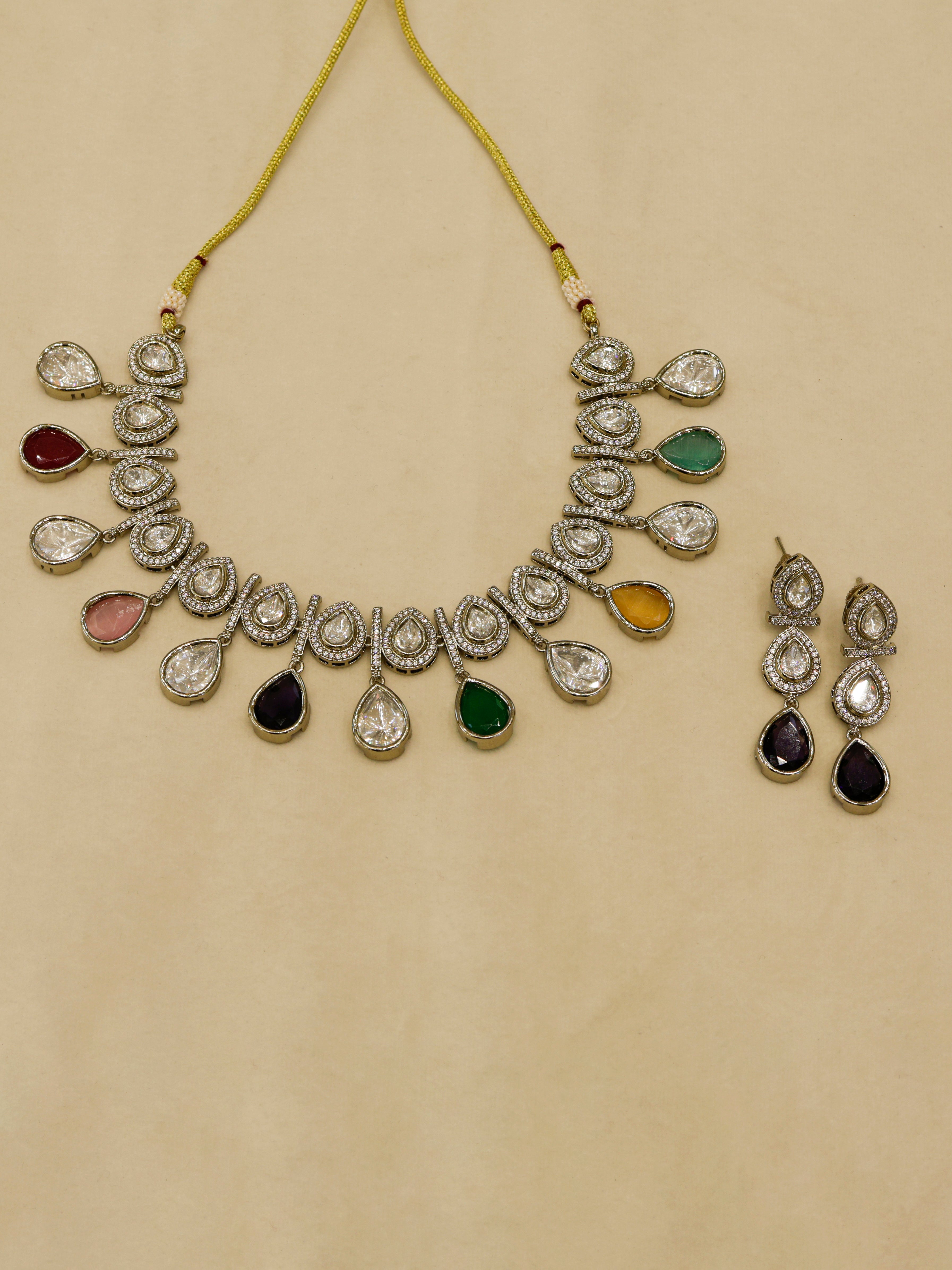 Aanura Teardrop Kundan Necklace with Dual-Tone Drops & Earrings