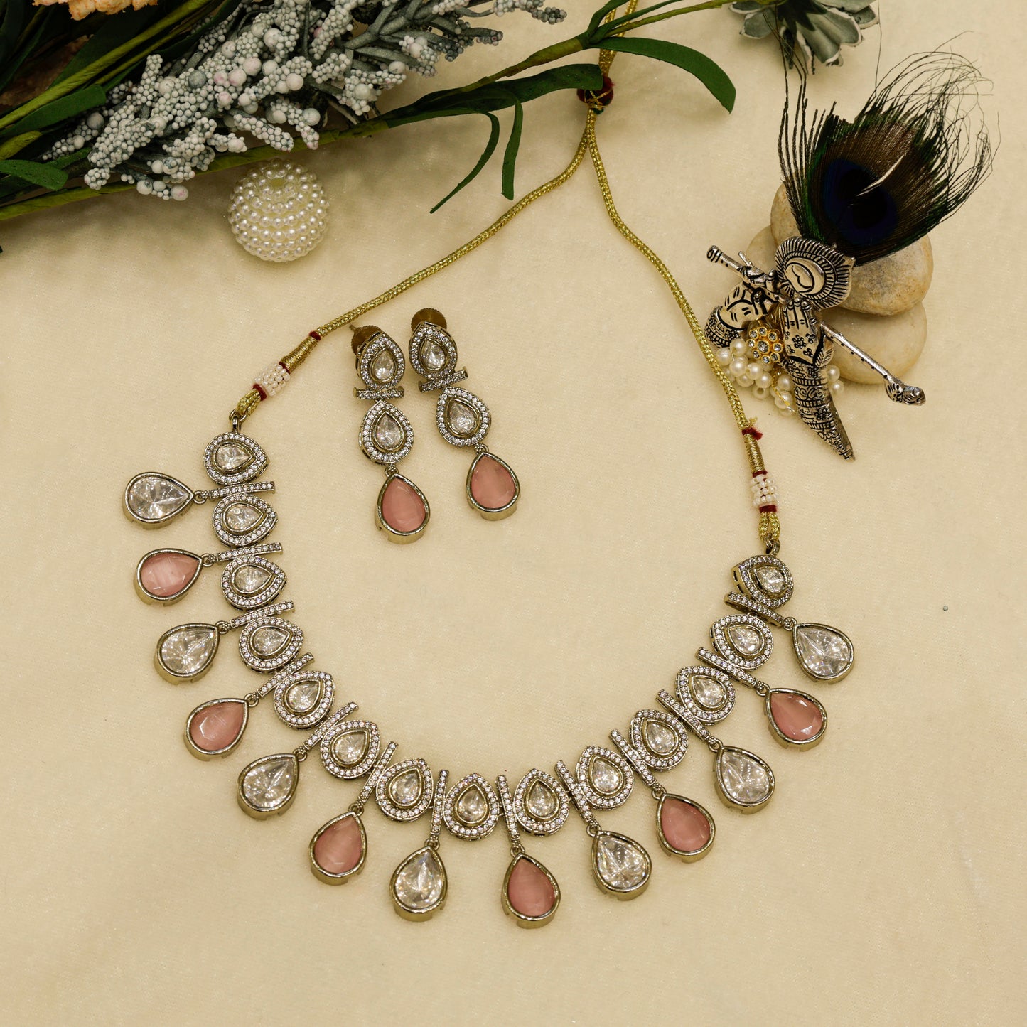 Aanura Teardrop Kundan Necklace with Dual-Tone Drops & Earrings