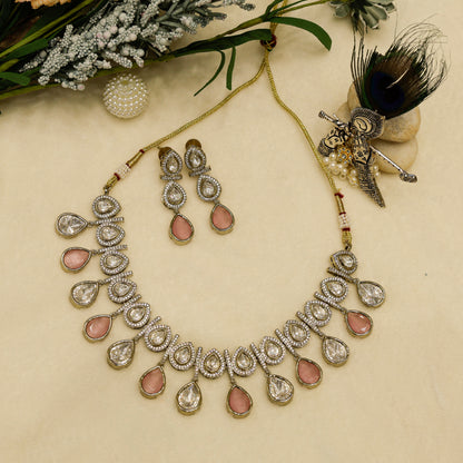 Aanura Teardrop Kundan Necklace with Dual-Tone Drops & Earrings