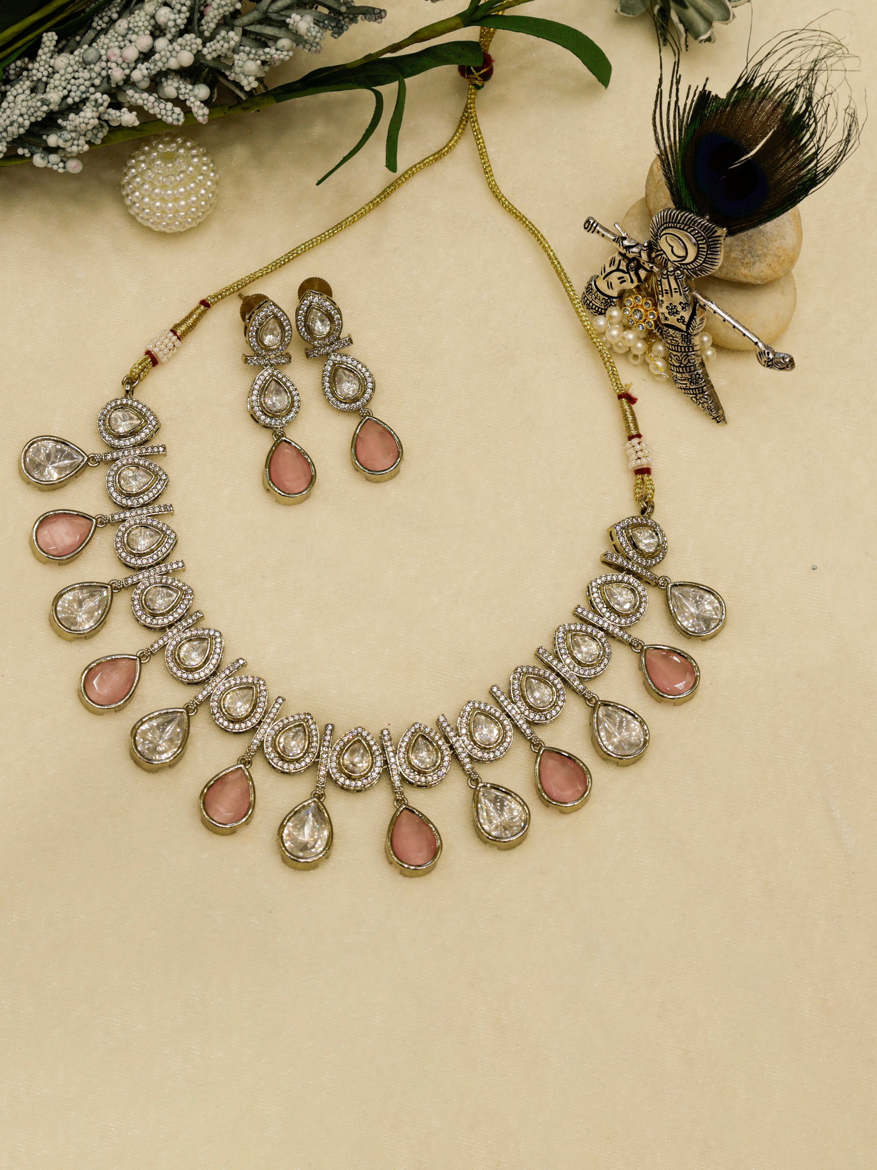 Aanura Teardrop Kundan Necklace with Dual-Tone Drops & Earrings