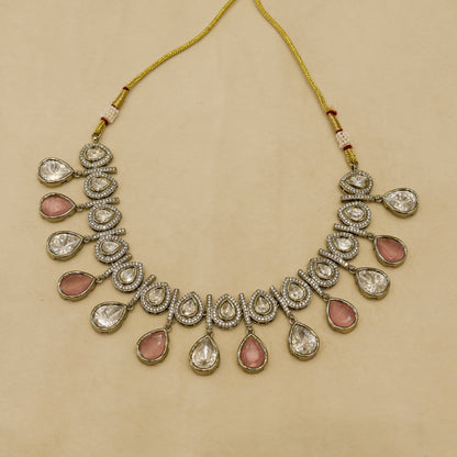 Aanura Teardrop Kundan Necklace with Dual-Tone Drops & Earrings