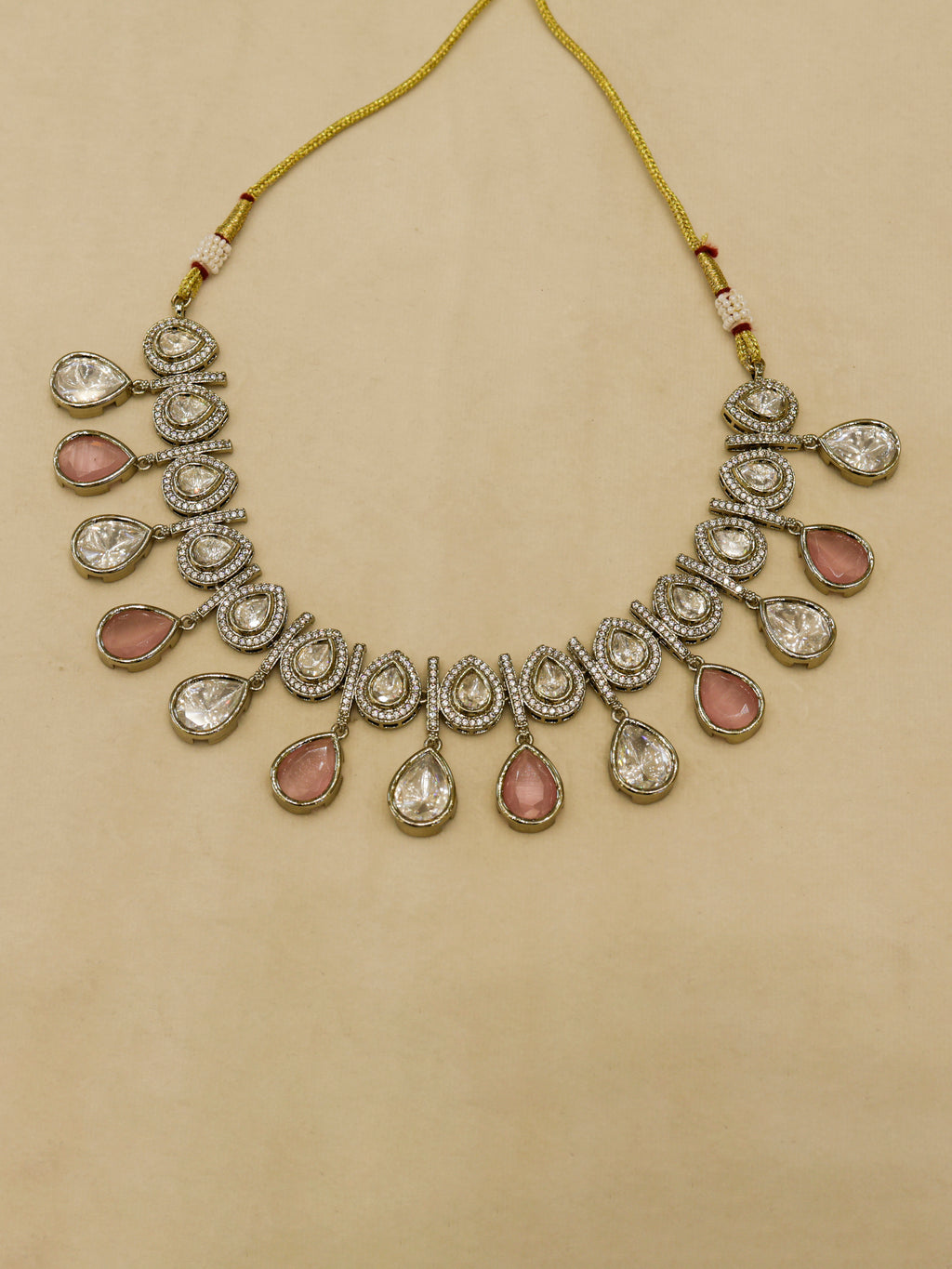 Aanura Teardrop Kundan Necklace with Dual-Tone Drops & Earrings