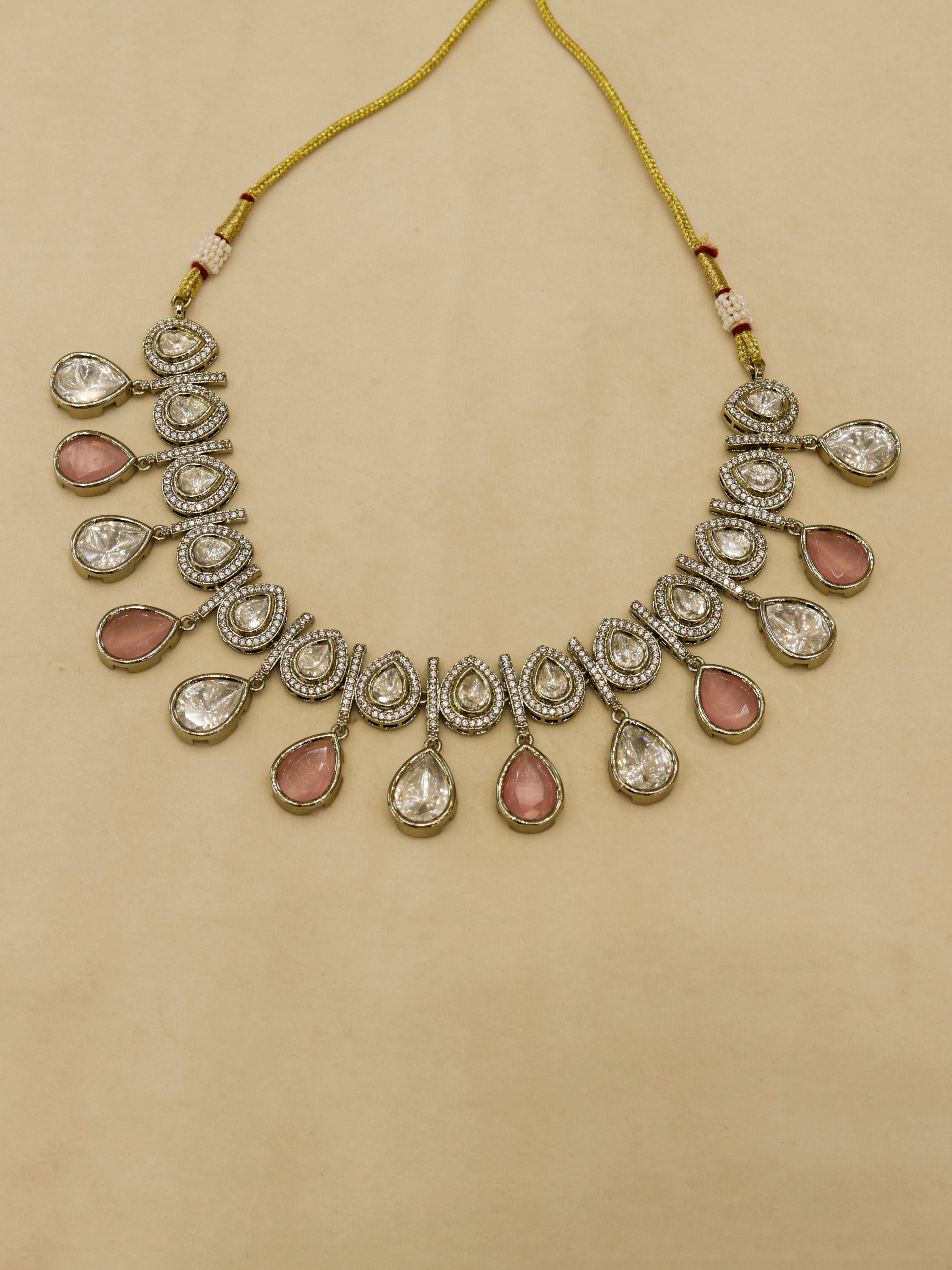 Aanura Teardrop Kundan Necklace with Dual-Tone Drops & Earrings