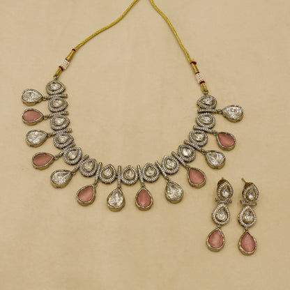 Aanura Teardrop Kundan Necklace with Dual-Tone Drops & Earrings