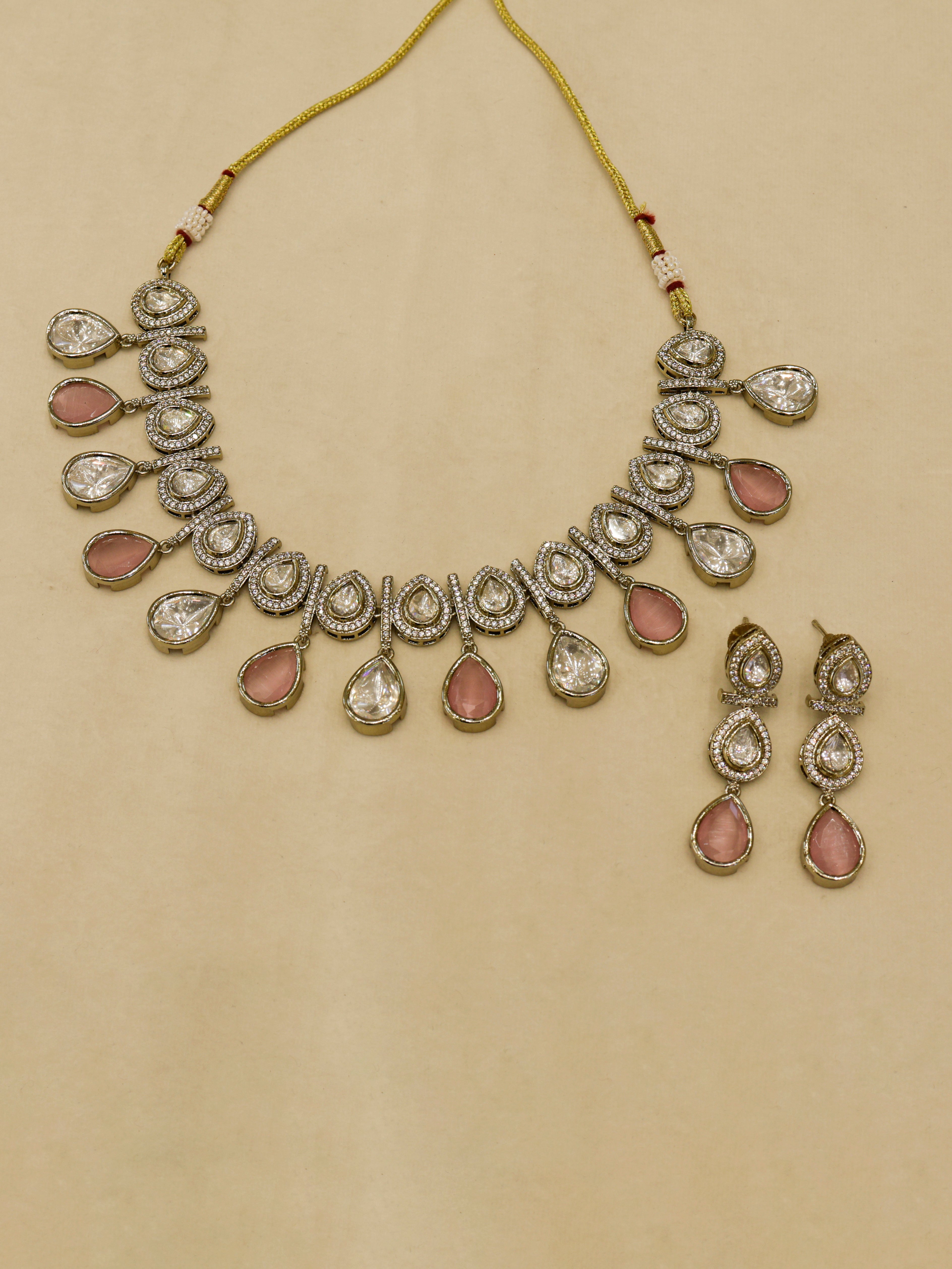 Aanura Teardrop Kundan Necklace with Dual-Tone Drops & Earrings