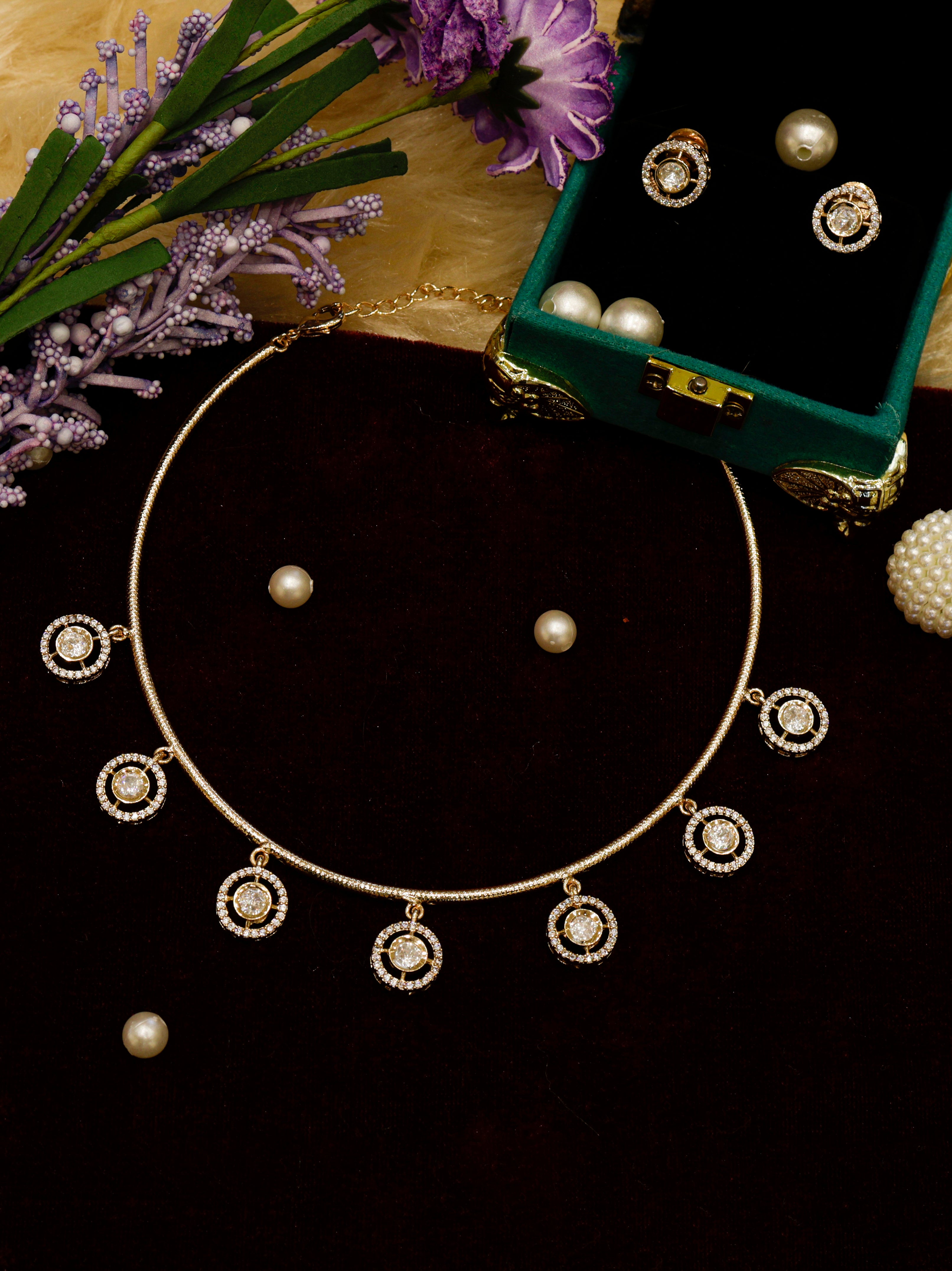 Aanura Minimal Gold Necklace Set with Round Crystal Drops