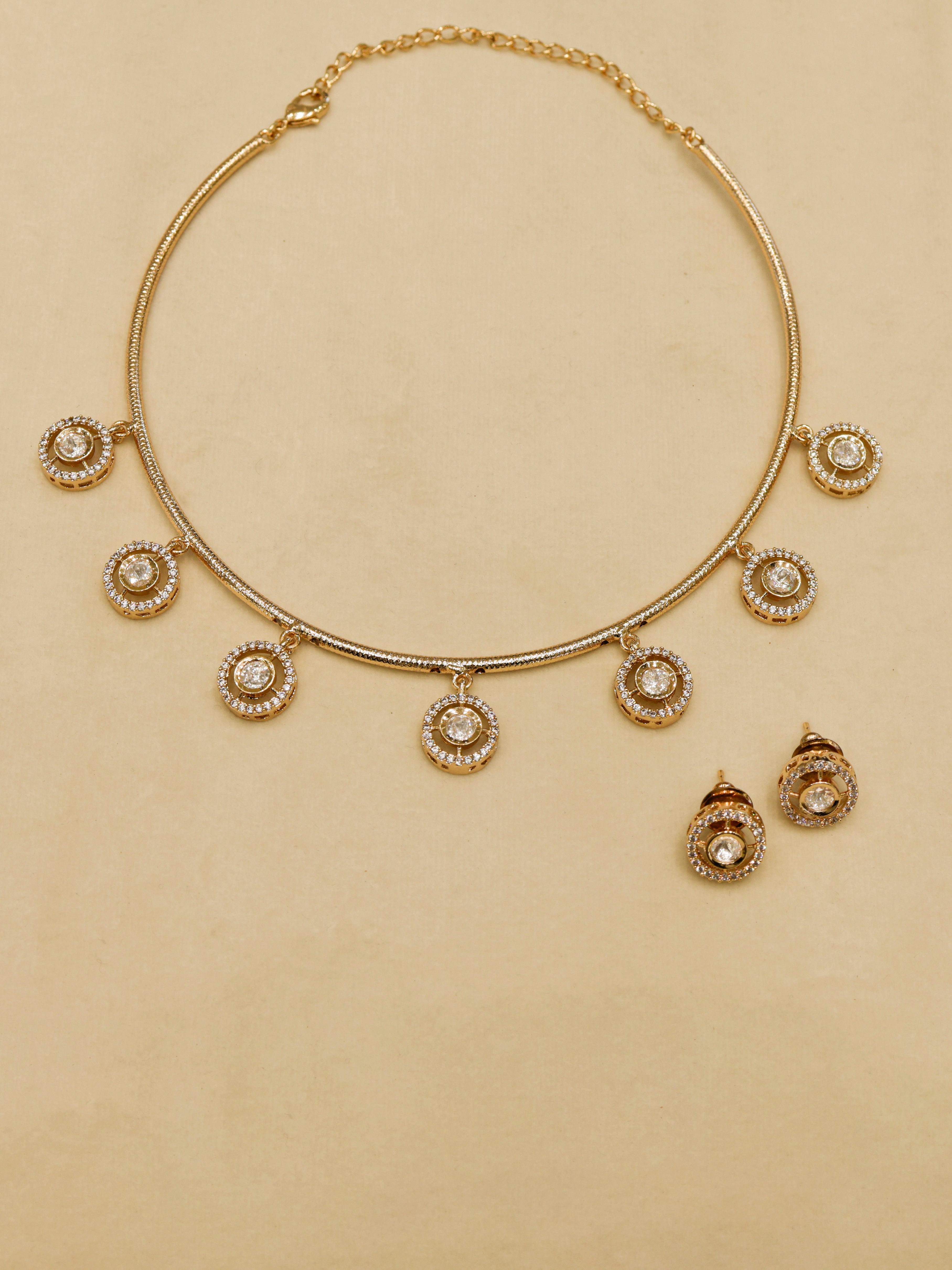 Aanura Minimal Gold Necklace Set with Round Crystal Drops