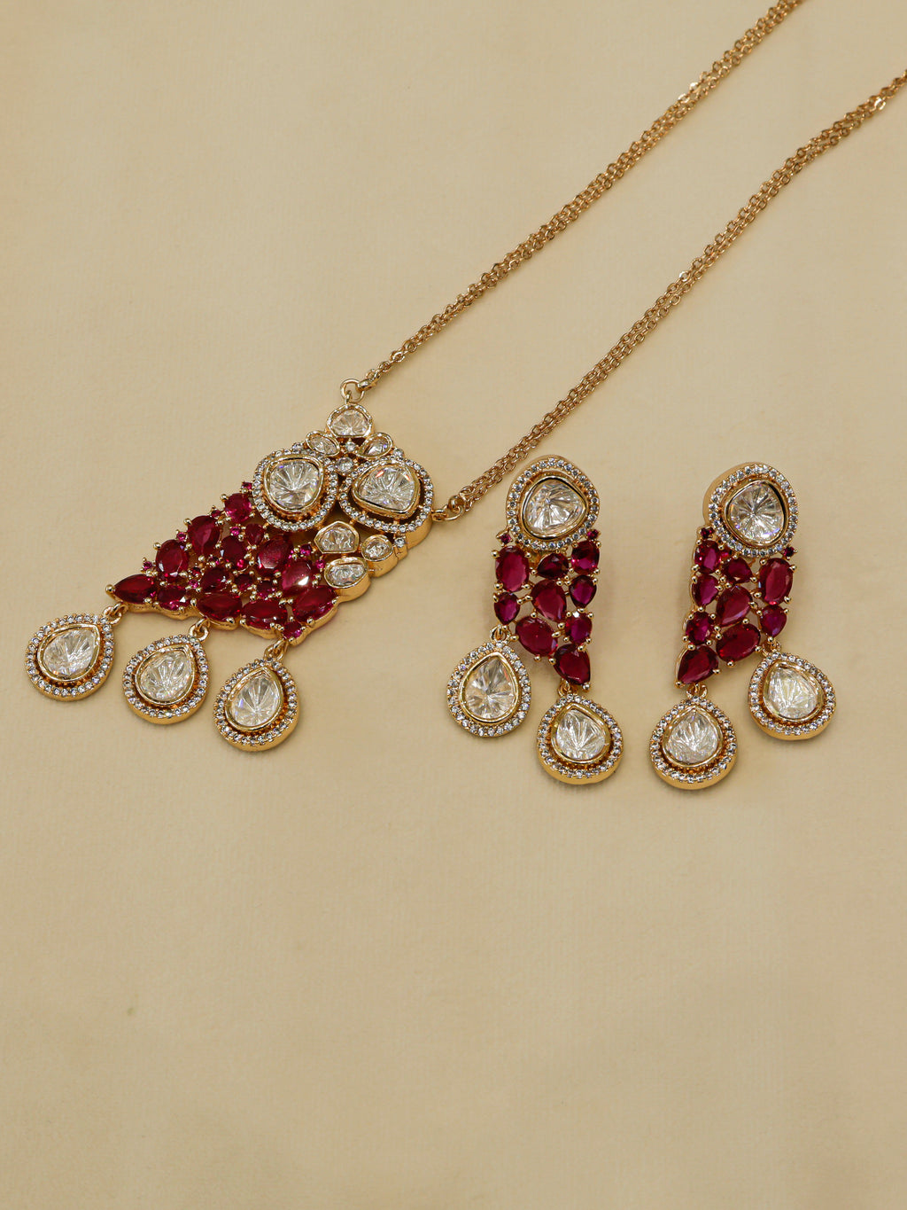 Aanura Ruby & Kundan Long Pendant Necklace Set with Earrings