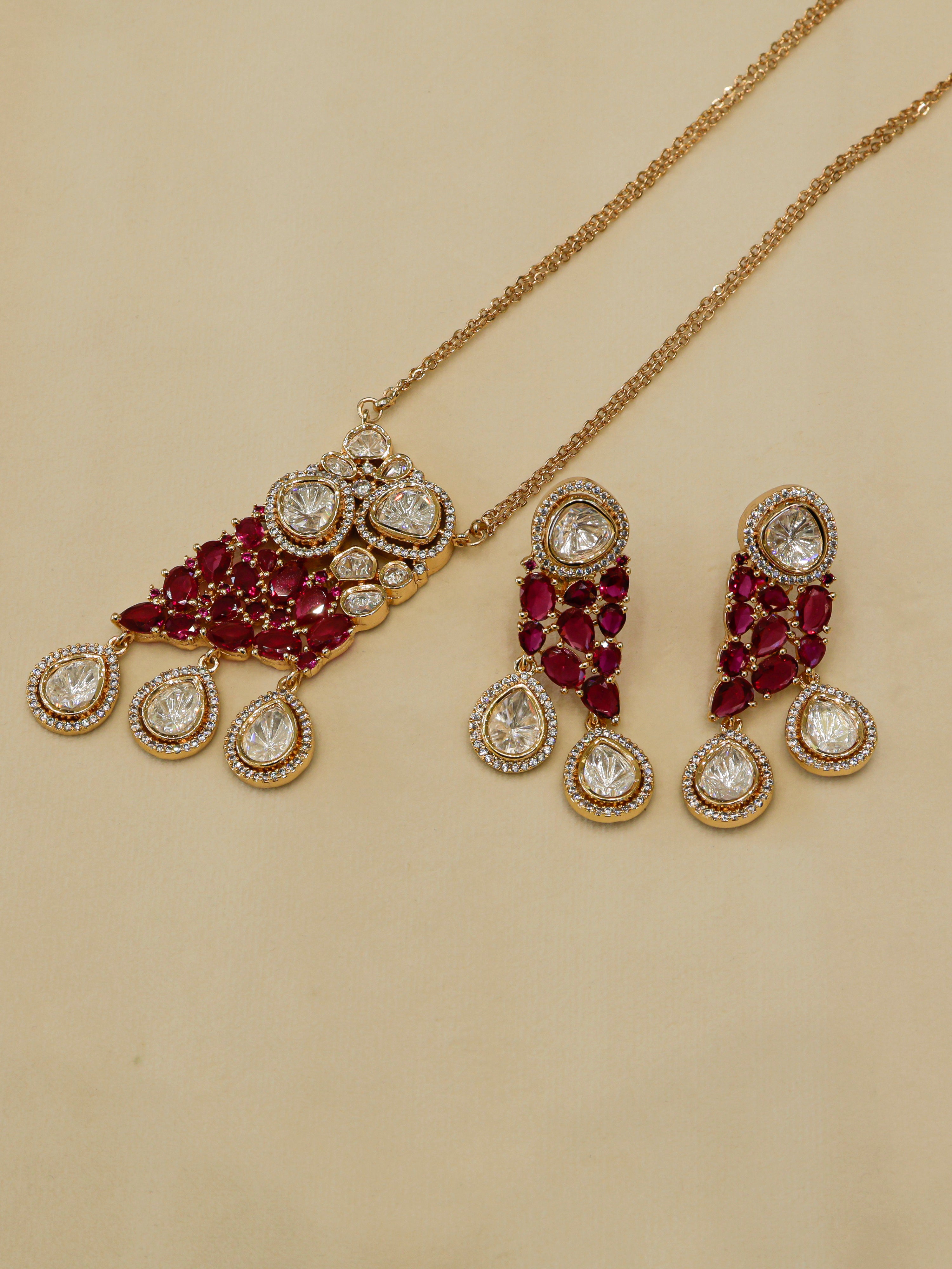 Aanura Ruby & Kundan Long Pendant Necklace Set with Earrings