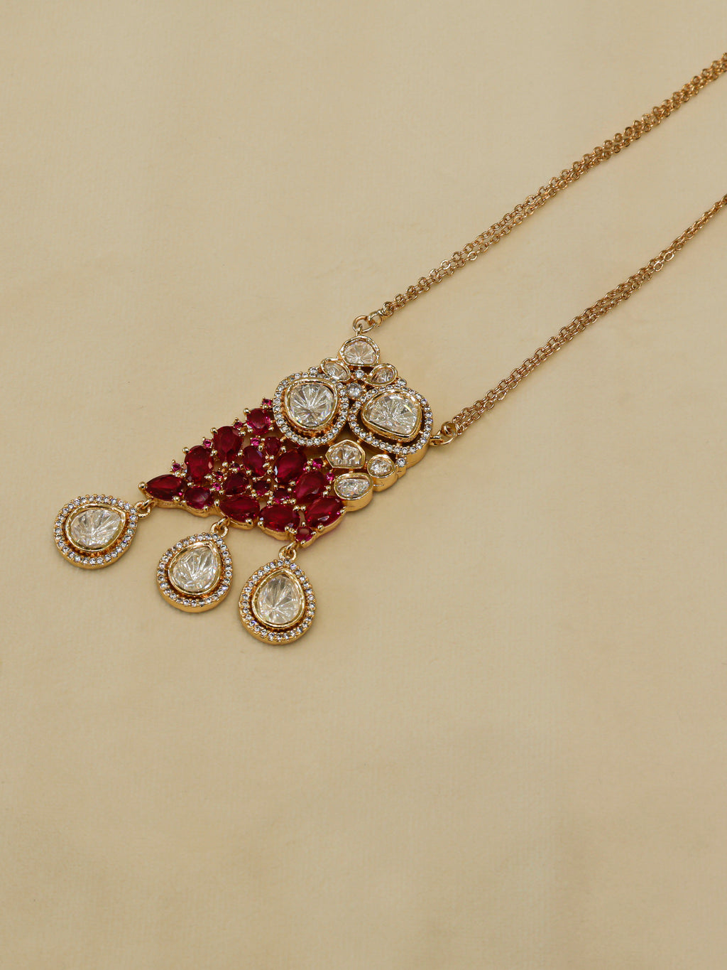 Aanura Ruby & Kundan Long Pendant Necklace Set with Earrings