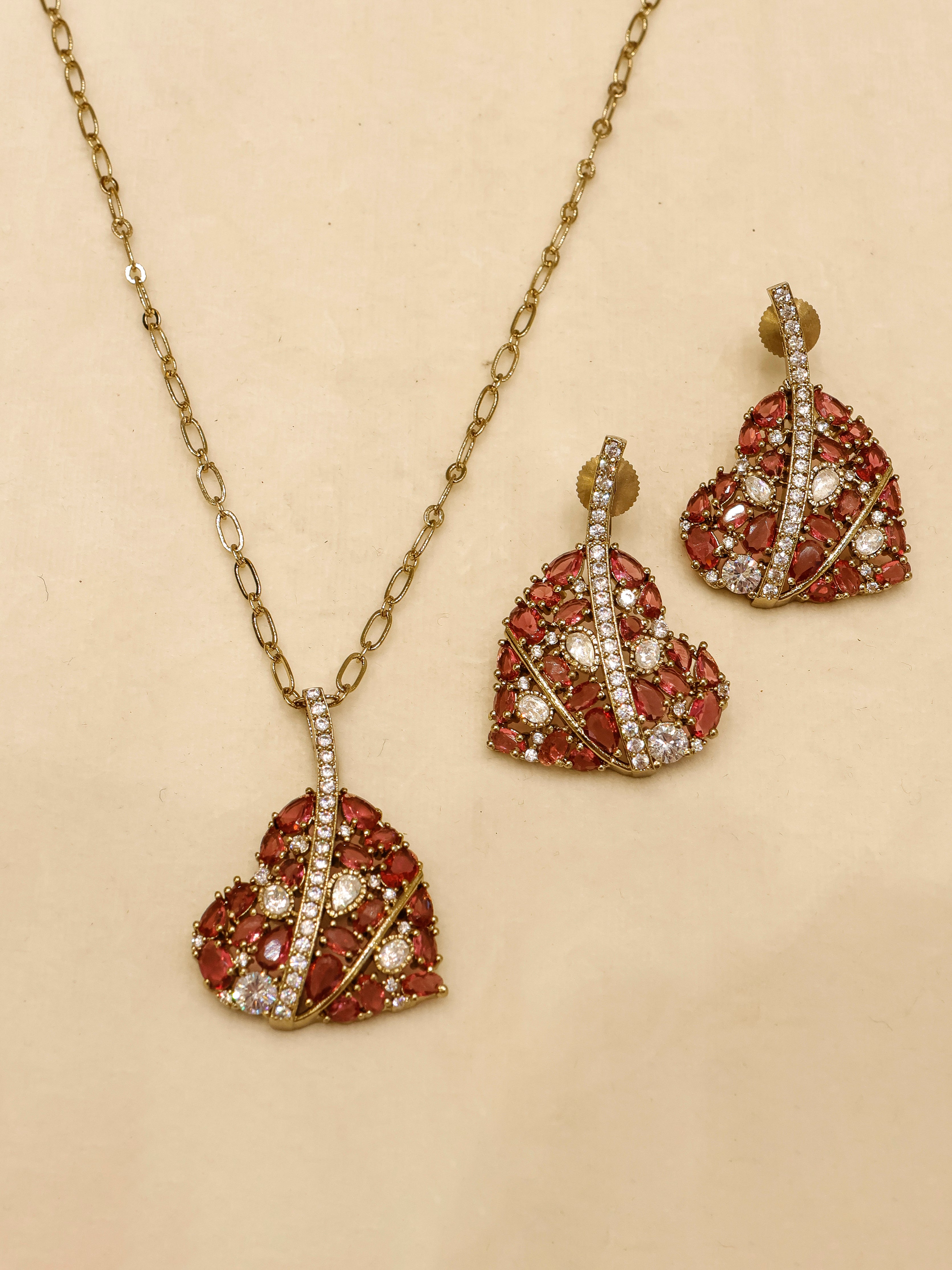 Aanura Green Leaf Pendant Necklace & Earrings