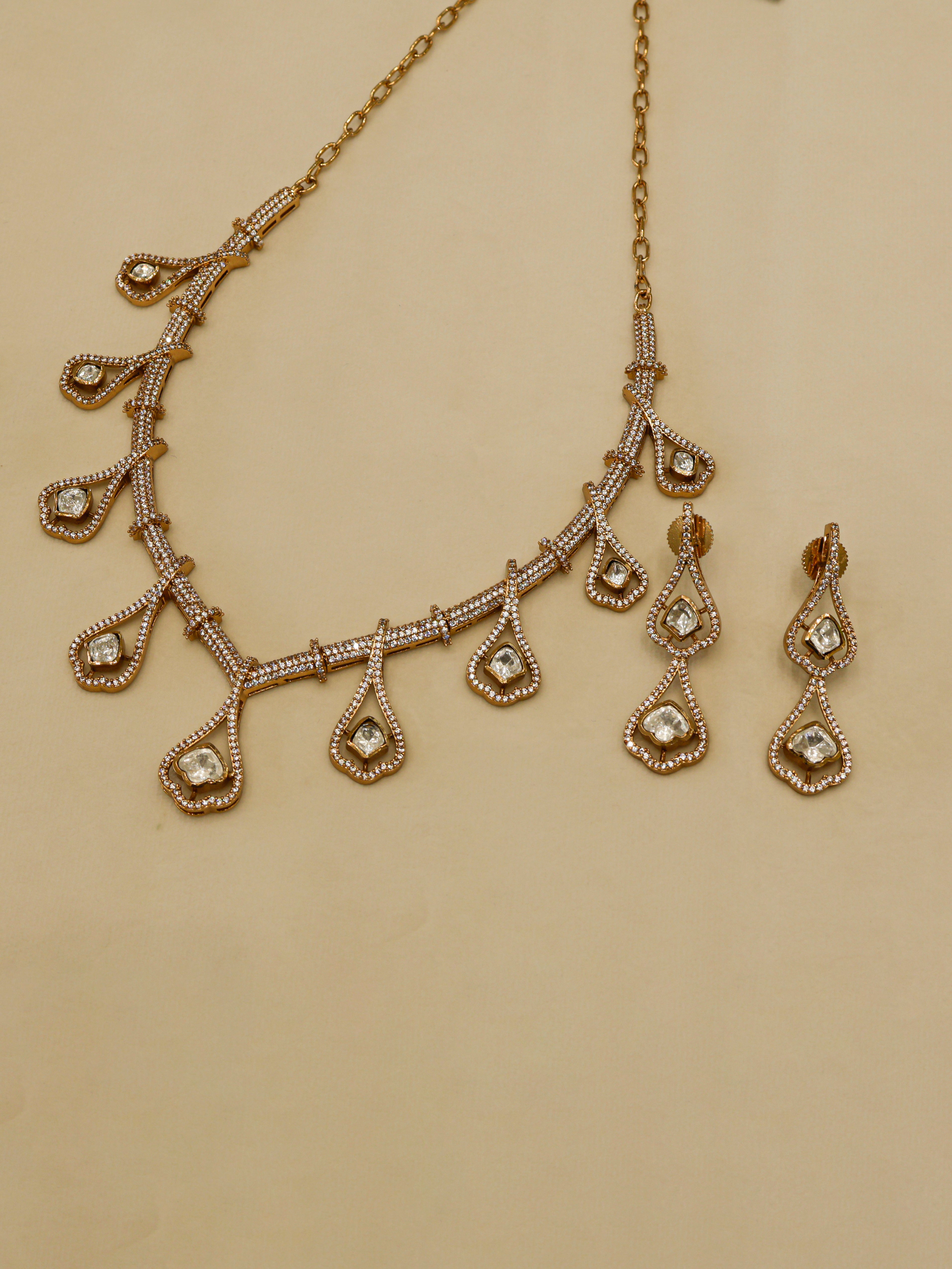 Aanura Teardrop Gold Necklace Set with Stone Earrings