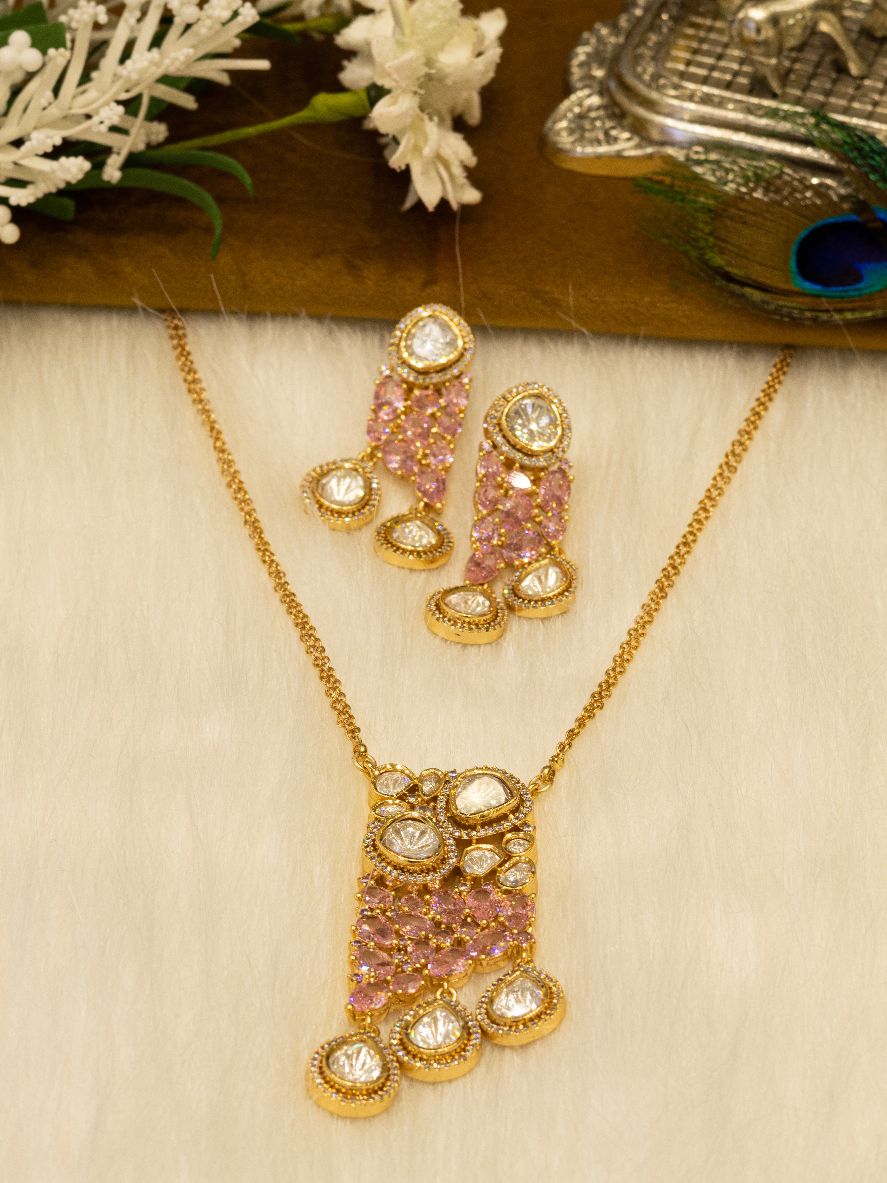 Aanura Ruby & Kundan Long Pendant Necklace Set with Earrings