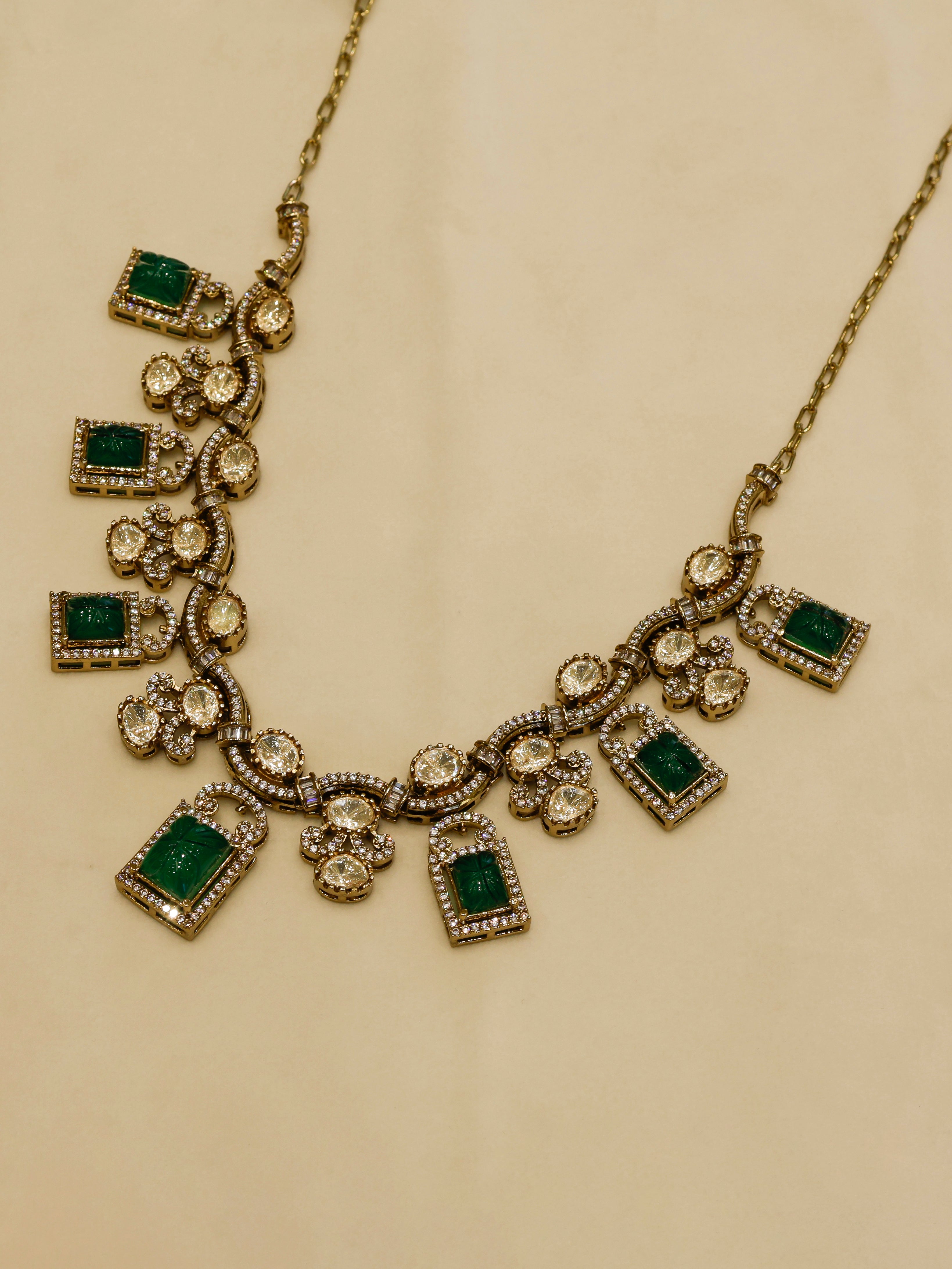 Aanura Green Carved Stone Choker Necklace Set with Earrings