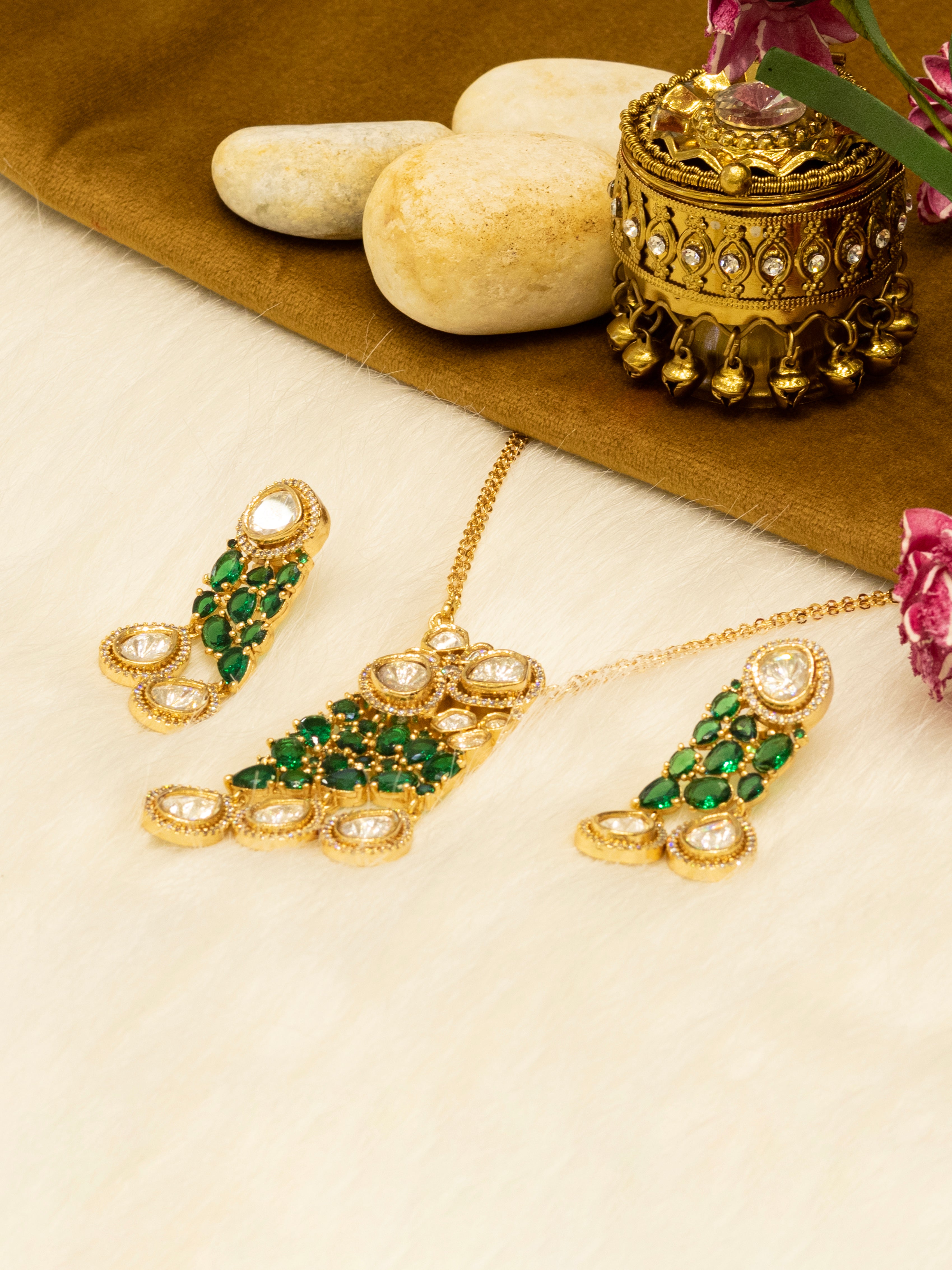 Aanura Ruby & Kundan Long Pendant Necklace Set with Earrings