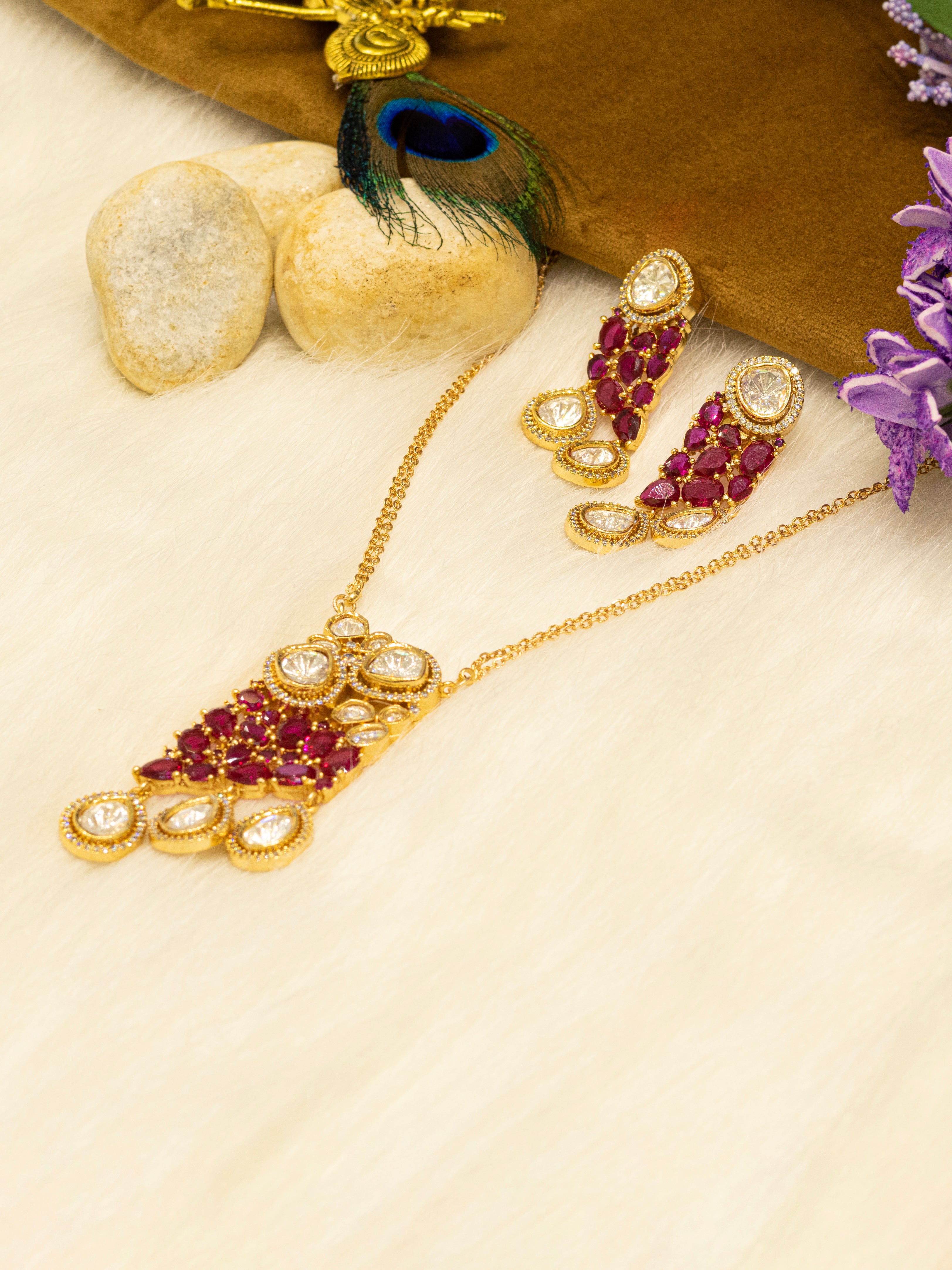 Aanura Ruby & Kundan Long Pendant Necklace Set with Earrings