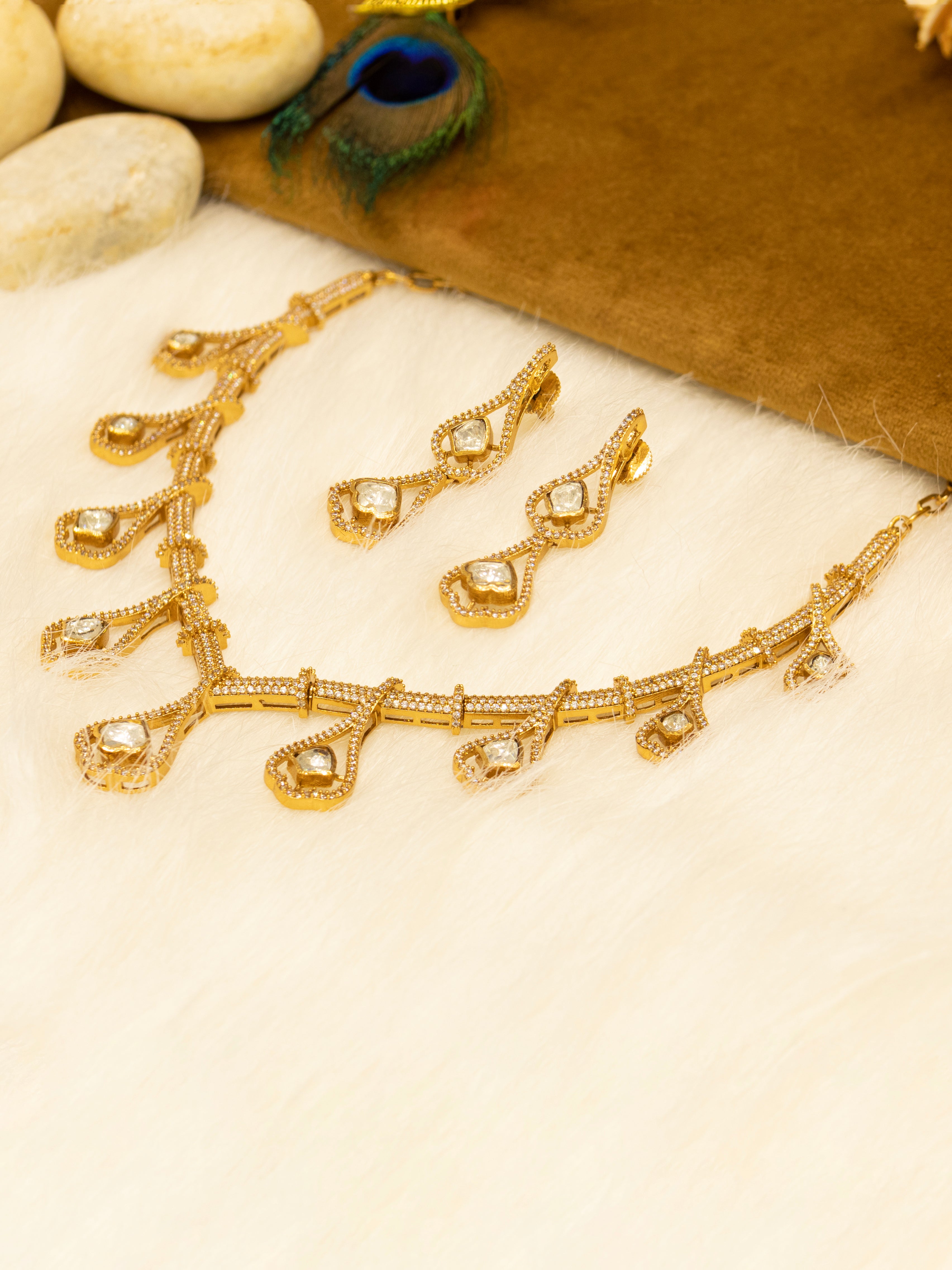 Aanura Teardrop Gold Necklace Set with Stone Earrings